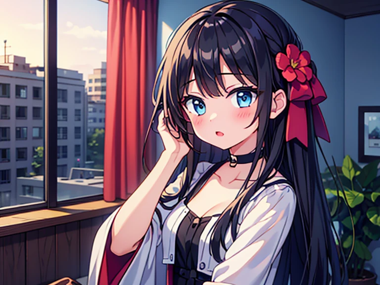 girl, Wear a cozy sweater, Upper Body, smile、(LOL:1.1), (Open your mouth:1.1), (Eyes Wide Open:1.2), Sun glare, Bokeh, Depth of written boundary, Blurred Background, Particles of light, Strong winds, (Heart Particles:1.1)、Large Breasts、Asahi、Looking at the sky