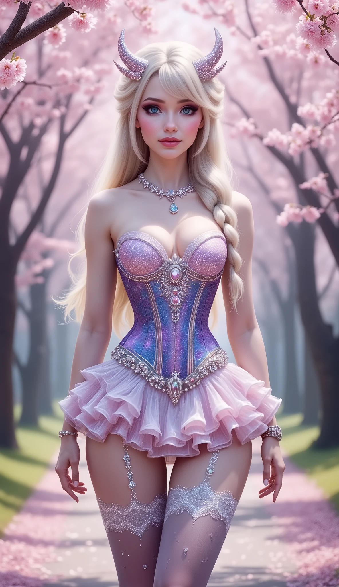 A fantasy-themed female character stands beneath cherry blossoms, wearing a colorful corset with a deep cleavage adorned with sparkling jewels and intricate magical embroidery. The corset has a structured hourglass silhouette, softly shimmering in pastel hues. She wears a layered micro ruffle mini skirt with a galaxy motif, thick lace thigh-high stockings with a galaxy motif, and accessories including a horned headdress and a crystal necklace. The overall look is ethereal, celestial, and elegant, evoking a magical guardian from a fantasy world. The soft lighting, springtime atmosphere, and enchanting forest backdrop.