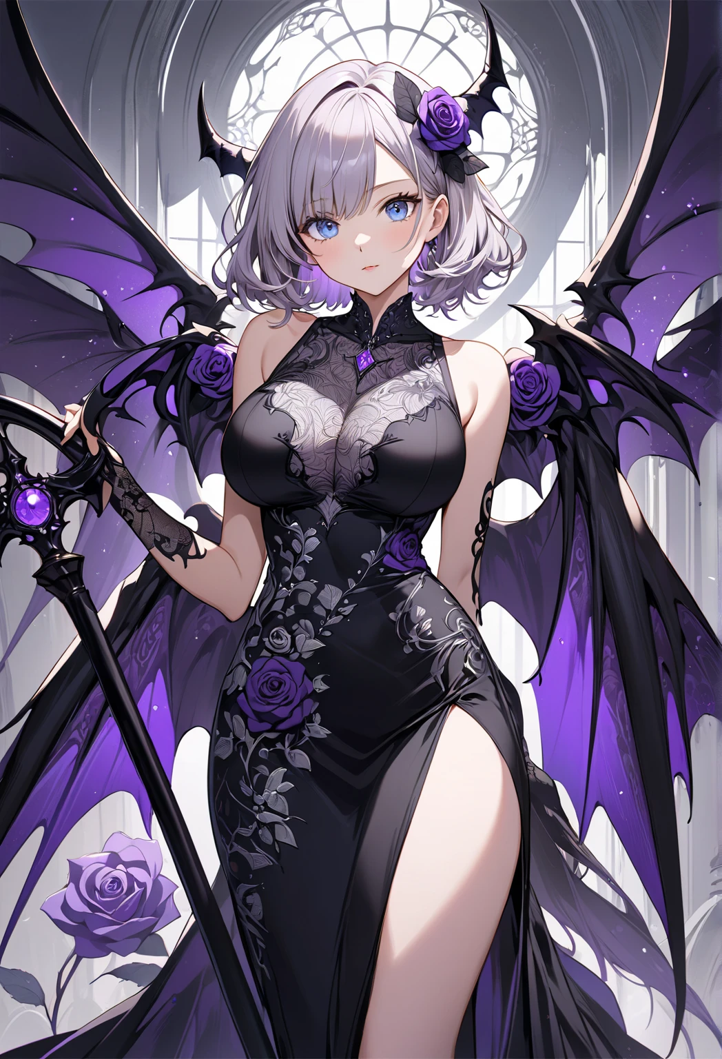 8k, masterpiece, best quality, highly detailed, 1 girl, tiefling, warlock, multicolored hair, very short straight hair green highlight hair on white hair, strippled hair, wearing glasses, round glasses, earrings, long dress with side cut, see-thru, red eyeshadow, long eyelashes, blushed cheek, necklace, navel piercing, collarbone, high heels, mole, glamorous, purple and teal clothing, villainy, smirk,  face, close up view, rings, looking at viewer, standing, demon horns, solo, starry night, full blue moon, hand touching cheek, black roses, black lace gloves.