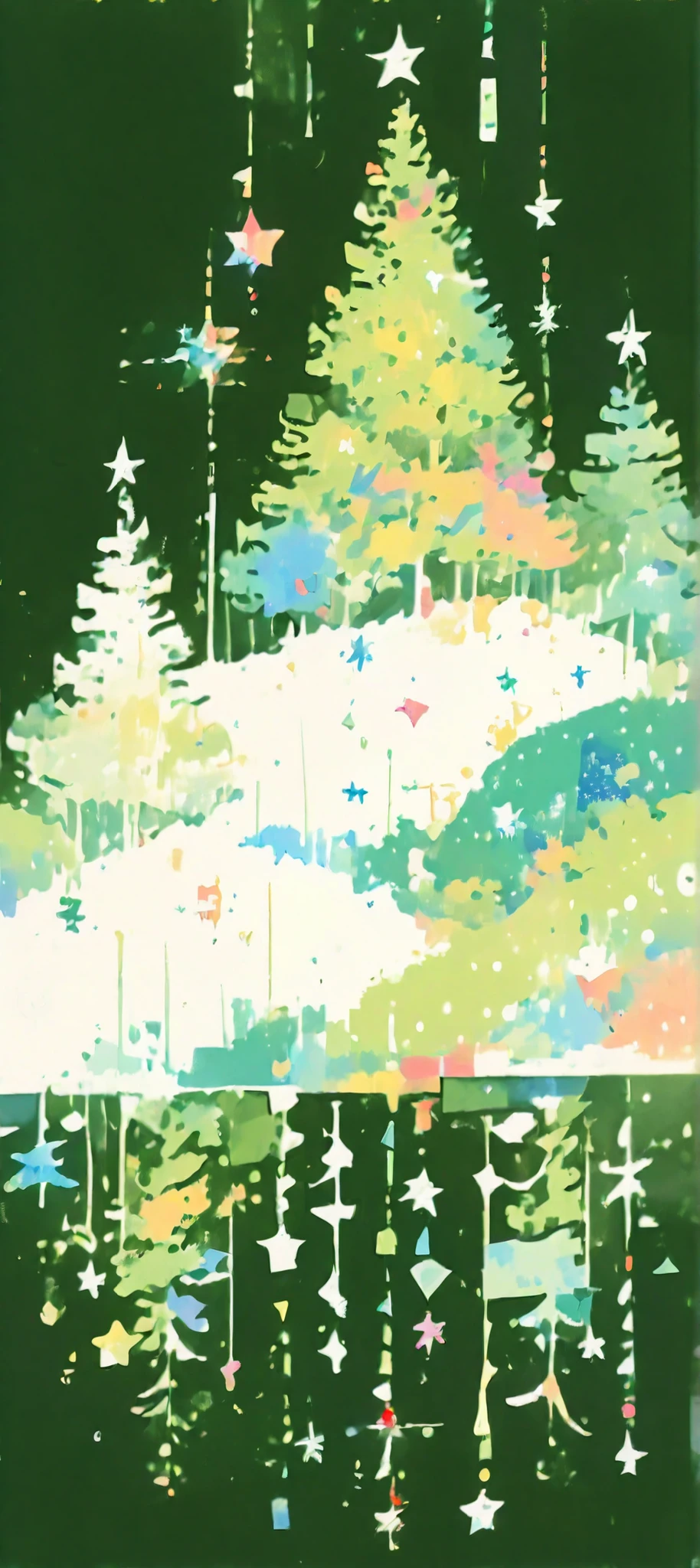 thin lines, thin colors, watercolor, colorful, fantasy, christmas theme, 

​A minimalist Christmas pattern of abstract pine trees and stars. Nordic style, limited color palette of deep forest green and cream white, geometric shapes, seamless background, high contrast, 

masterpiece, high quality, 8K, 