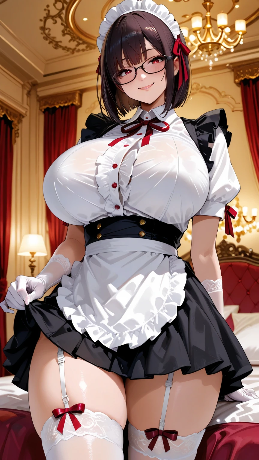 (Best quality,4K,8K,A high resolution,tmasterpiece:1.2),ultra - detailed,(actual,realistically,realistically:1.37),Ultra HD face, HighDynamicRange,hyper HD,Studio lighting,Ultra-fine painting,Focus sharp,physically-based renderingt,Extremely detailed description,professional,terror,japanese manga,sci-fy,photography,Concept artist, tmasterpiece, Best quality, 1 busty girl, Alone, Eternal, Maiko Shimazaki, eye glass, A mature woman, Busty Maid of Destiny, maid headdress, A woman sitting on a red bed, attractive body,  hot body,  body and face, White skin of the, thicc, Colossal , Crazy  swelling,  larger than shoulder blades, Fitness model