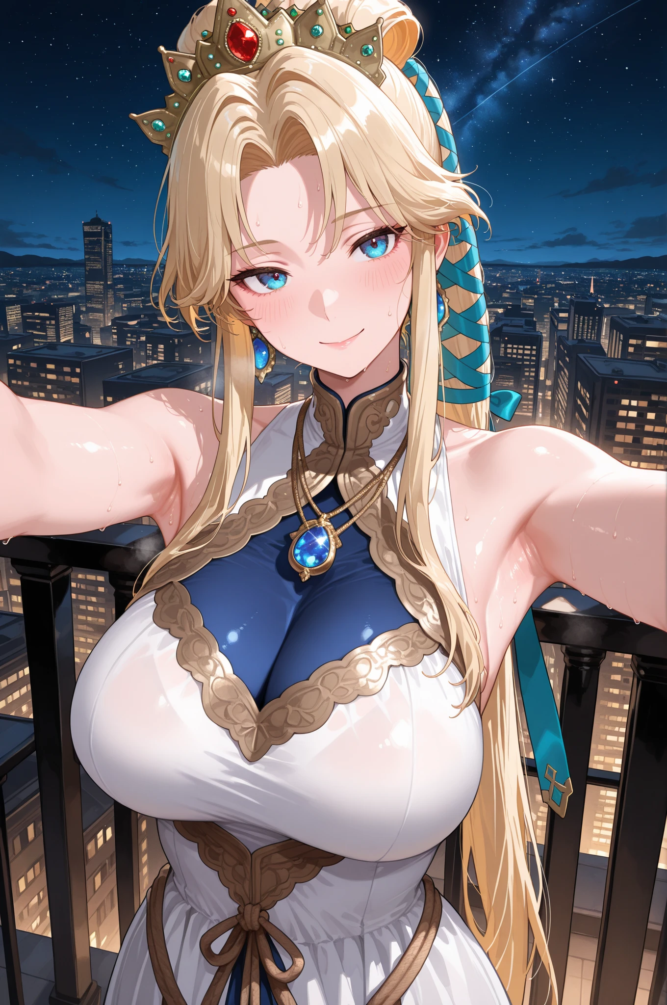 Very detailed、Highest quality、Best image quality、masterpiece、8K、Sparkling blue eyes、Anime Face、A kind smile、(Open your mouth)、(Blonde long hair:1.5)、(SFW Giant:1.5)、(Big :1.7)、ckundies、Cowboy Shot、(White :1.5)、(highleg:1.8)、(Bulky、Bodybuilder:1.5、HyperMuscle)、(necklace)、()、 panties、(sophitia、armor、aiwaifu)