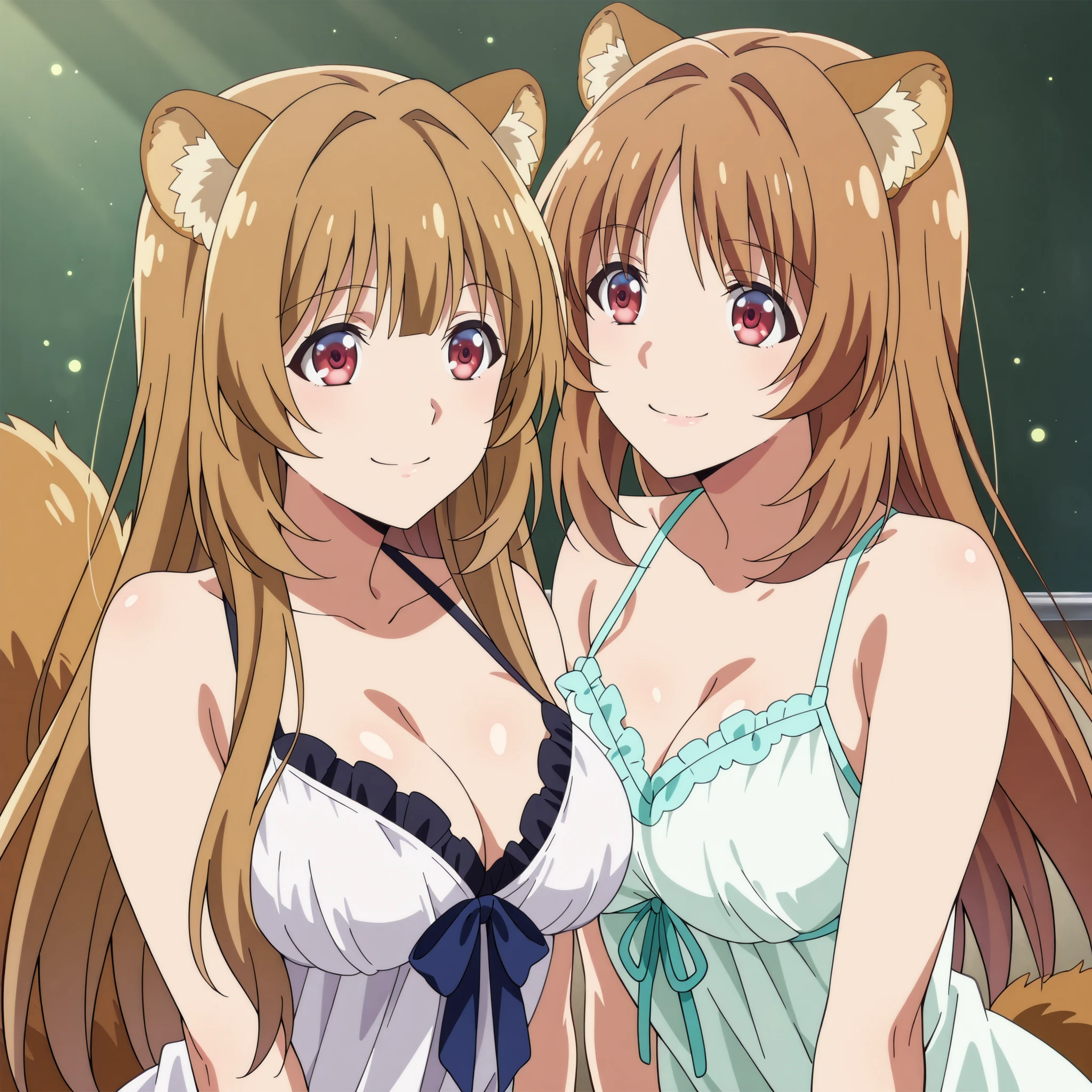 Two women pose together to a lake illuminated by the moon. kikyou kushida ( Classroom of the elite)  She wears her short brown hair, Red Eyes brillantes y una figura slender con pechos medianos a grandes, smiling with a safe and seductive expression. Next to her is Raphtalia (the rising of the shield hero), with her soft orange hair, Red Eyes, fluffy ears and fluffy tail; slender, with a similar bust, showing a complicit smile.
Both wear sexy low-cut white nightgowns
Your moist skin reflects bluish flashes under the moonlight; the environment is filled with humid air, a soft haze and luminous particles floating around. The scene transmits a playful and subtle tension provocative, with mischievous looks and complicity between the two.
ultra detailed anime style, dramatic lighting, impeccable finish, 4K resolution, masterpiece quality. moist and realistic skin.