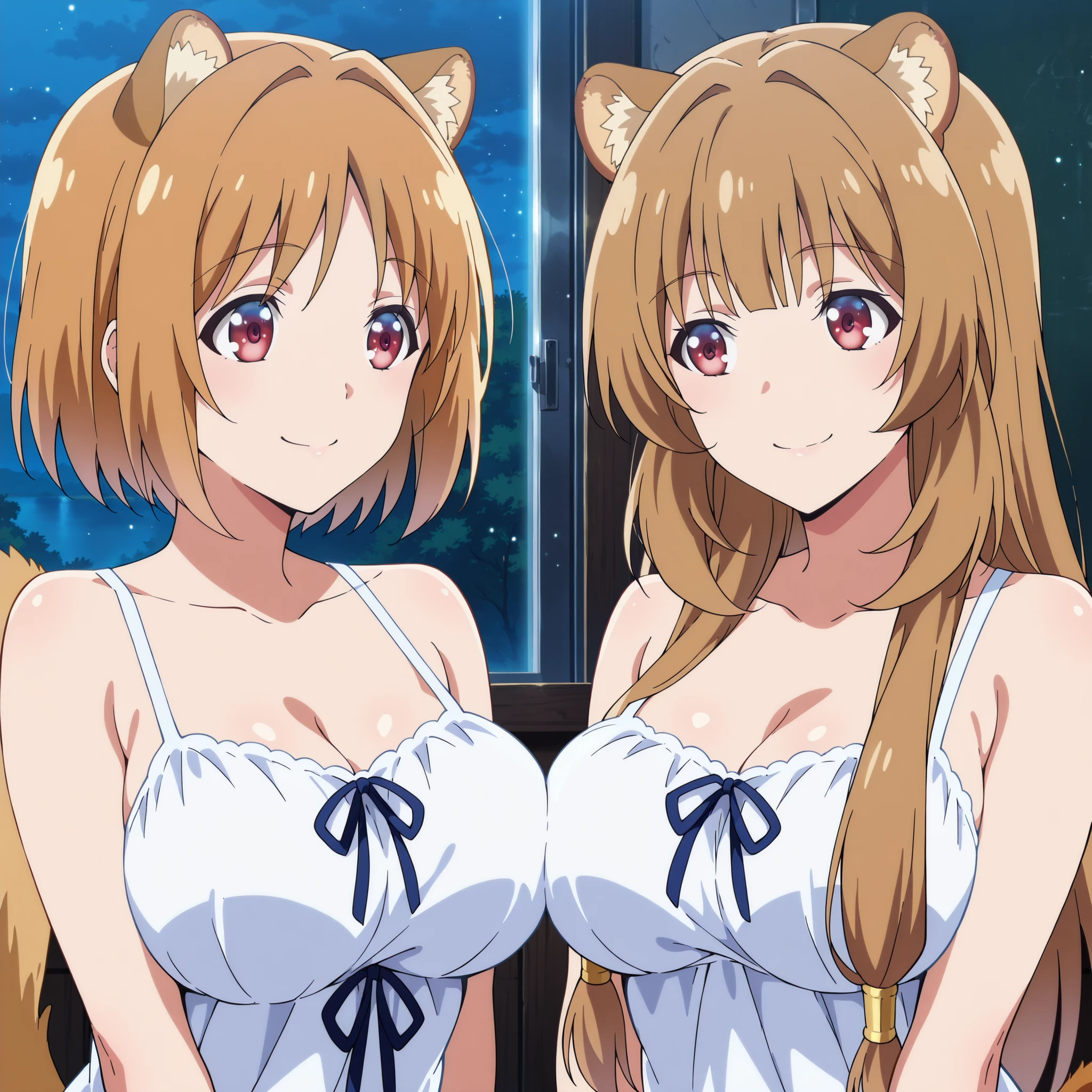 Two women pose together to a lake illuminated by the moon. kikyou kushida ( Classroom of the elite)  She wears her short brown hair, Red Eyes brillantes y una figura slender con pechos medianos a grandes, smiling with a safe and seductive expression. Next to her is Raphtalia (the rising of the shield hero), with her soft orange hair, Red Eyes, fluffy ears and fluffy tail; slender, with a similar bust, showing a complicit smile.
Both wear sexy low-cut white nightgowns
Your moist skin reflects bluish flashes under the moonlight; the environment is filled with humid air, a soft haze and luminous particles floating around. The scene transmits a playful and subtle tension provocative, with mischievous looks and complicity between the two.
ultra detailed anime style, dramatic lighting, impeccable finish, 4K resolution, masterpiece quality. moist and realistic skin.