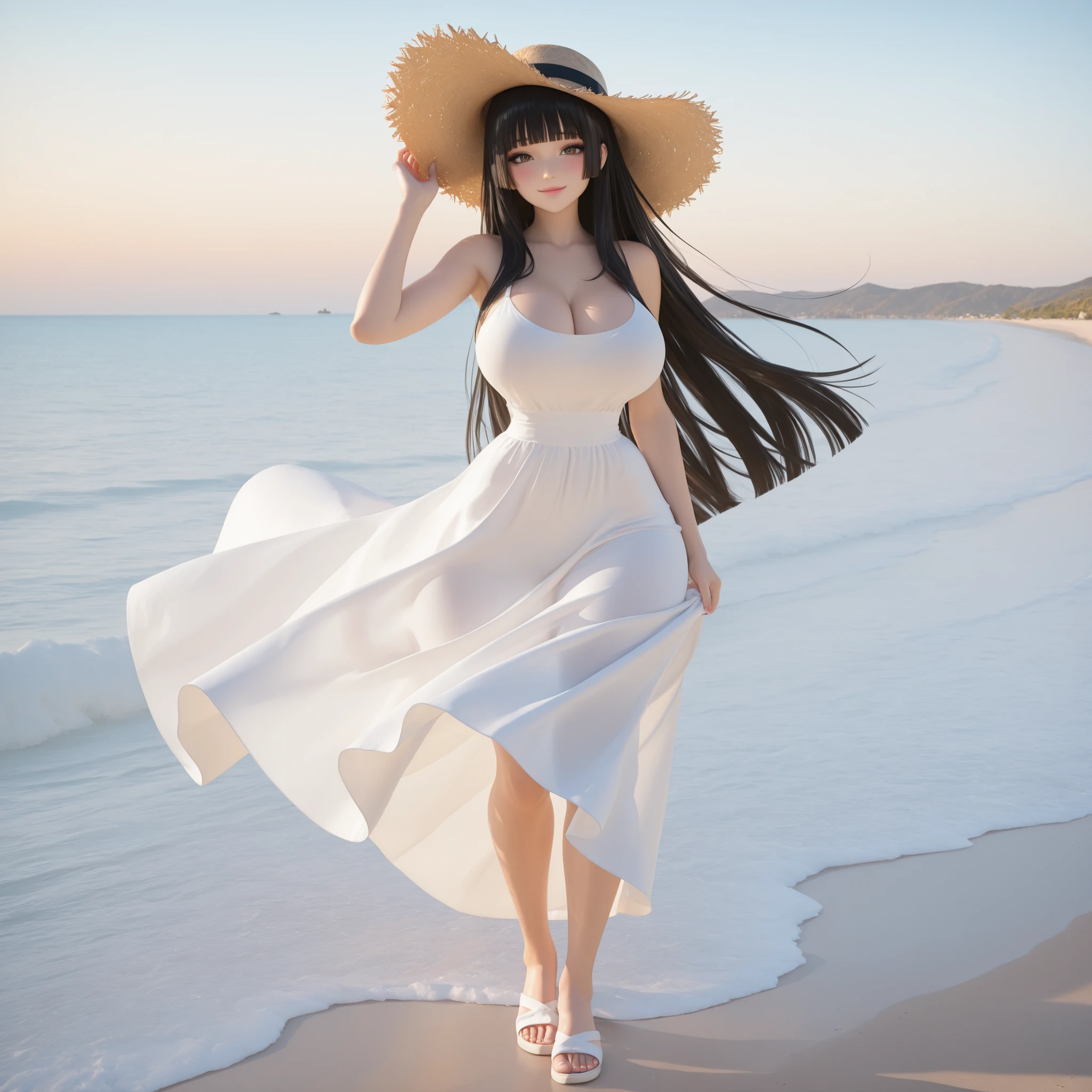 masterpiece, ultra-HD, impressionism, high detail, best quality, very aesthetic, 8K, best quality, beautiful, ultra-high resolution, 32K UHD, sharp focus, 3D, 1woman, solo, long hair, black hair, straight hair, loose hair, blunt bangs, long locks, almond-shaped eyes, brown eyes, eyelashes, black eyeliner, pink lips, makeup, , narrow waist, wide , thick thighs, shapely legs, slim, white sundress, cleavage,  shoulders, long skirt, straw hat, blush, smile, cute, holding her hat, hand on , wind waving her skirt, standing, full body, looking at the viewer, beach background, front view