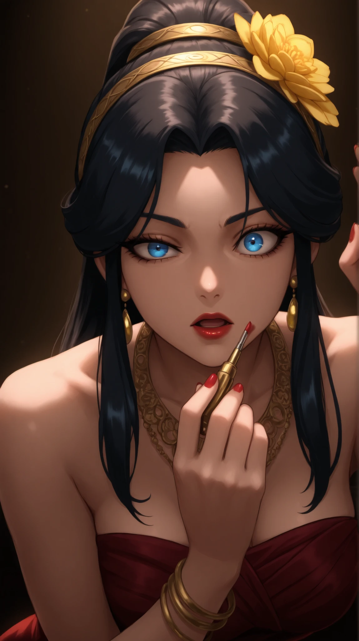 masterpiece, best quality, amazing quality,,  kaoru kamiya, blue eyes, black hair, parted bangs, sidelocks, ponytail, mature female, , anime screencap,  yorsredgown, hair ornament, dress, jewelry,  shoulders, flower, earrings, hairband, hair flower, necklace, bracelet, strapless, red dress, lipstick, red nails, strapless dress, side slit, yellow flower, long dress, red lips, gold earrings, gold hairband,  airashiratori holding mascara, solo, looking at viewer, open mouth, holding, upper body, parted lips, half-closed eye, mascara wand, straight-on, hand up, mascara, applying makeup, eyelashes, arm up, wide-eyed, leaning forward,, serious, open mouth, , , ,