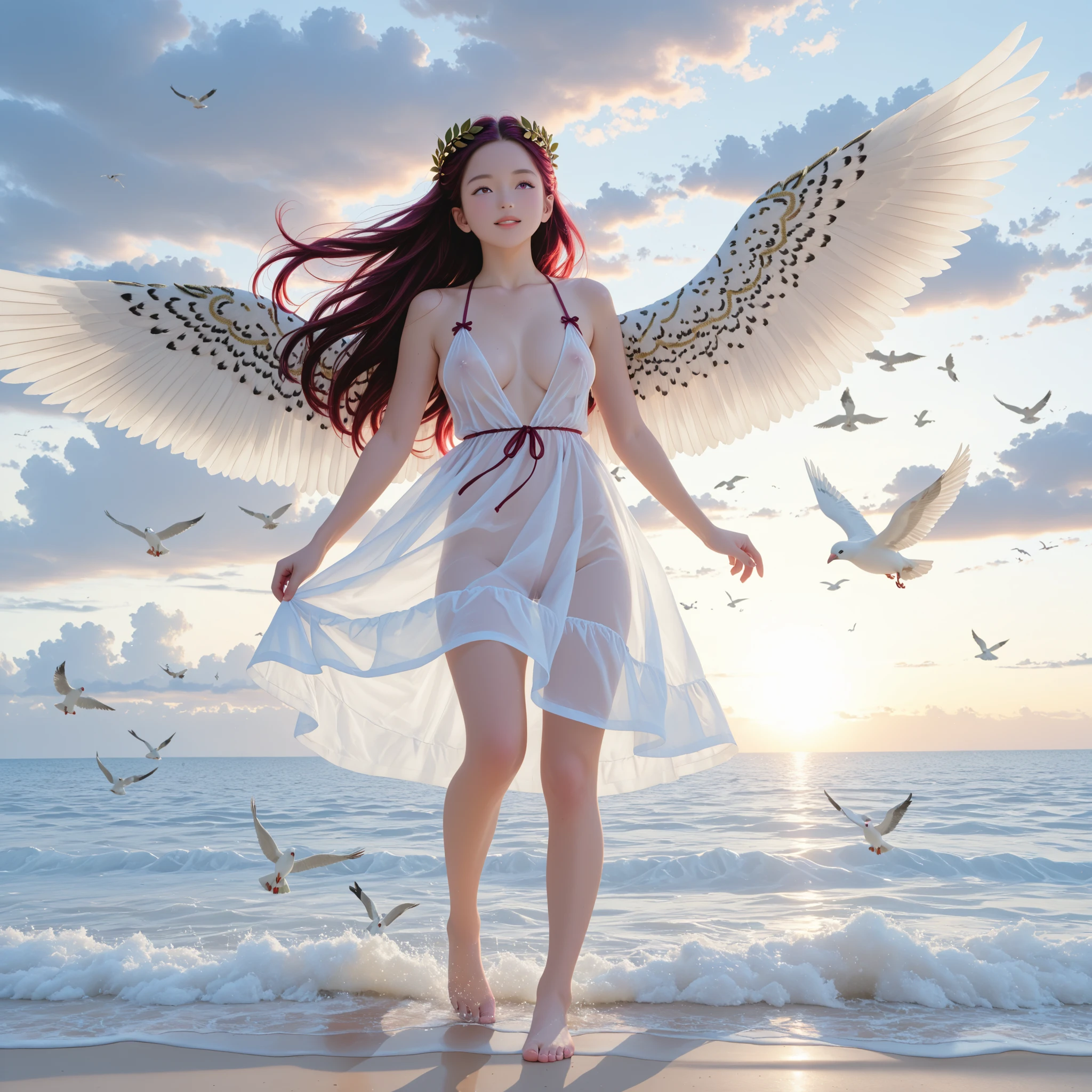 ultra sharp, 8k, Canon R5, 85mm f/1.2 lenses, Clean Exposure, Cinematic depth of field. outdoor, Paolo Peregrin's enigmatic atmosphere and Roger Deakins' moody lighting. young girl, with large angel wings (dark long reddish-purple red crimson long hair) (twin-tie hair) look up, (toddler face) infant body shape ((medium breast)) (short limbs) (Laurel wreath) nsfw (((naked))) full body, dewy skin (((lots of white birds flying around the cloudy sky and sea space))) (((lots of white doves flying around))) (deep v neck transparent dress) dramatic low key lighting. Ritualistic. mysterious, shallow depth of field. mysterious魅力, form below, front view, low angle. full body. barefoot