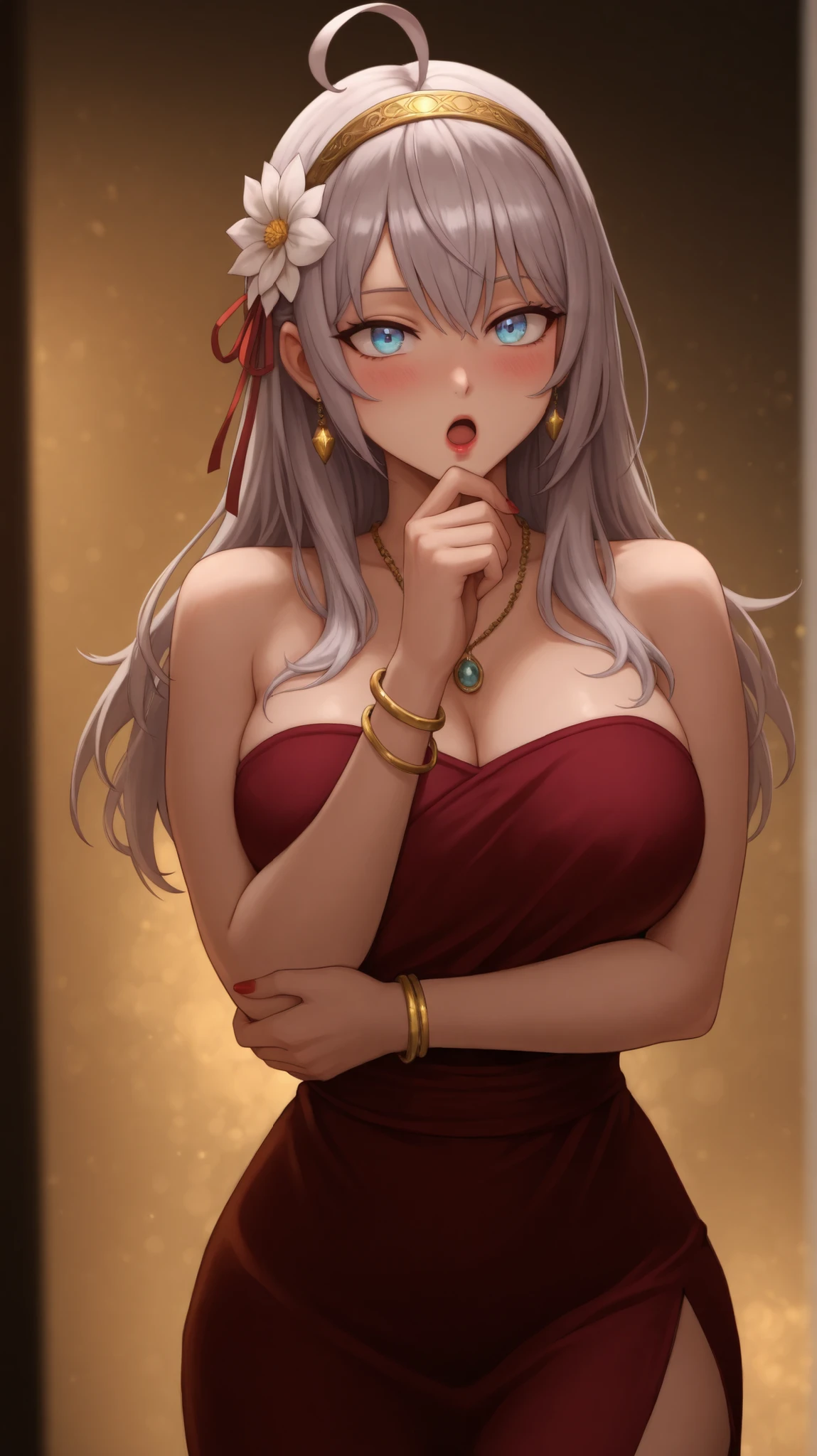 masterpiece, best quality, amazing quality,, alisa mikhailovna kujou, long hair, bangs, blue eyes, hair ribbon, ahoge, grey hair, red ribbon, mature female, , anime screencap, yorsredgown, hair ornament, dress, jewelry, shoulders, flower, earrings, hairband, hair flower, necklace, bracelet, strapless, red dress, lipstick, red nails, strapless dress, side slit, yellow flower, long dress, red lips, gold earrings, gold hairband, stroking own chin, solo, :o, looking at viewer, blush, open mouth, hand on own chin, thinking, hands up, grabbing on own arm, feet out of frame, :3, open mouth, , , ,