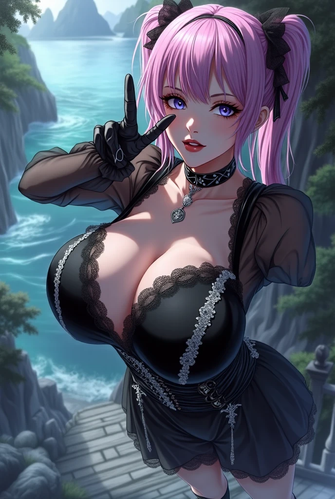 best quality, masterpiece, ultra-detailed, illustration, dynamic pose, Rem from Re:Zero, blue short hair, hair over one eye, (perfectly proportionate body), eyeliner, tired,wearing a leather jacket, adorned with studded accessories, platform boots, layered necklaces, bold patterns, (torn fishnets), dramatic makeup, black nail polish, oversized rings, chains and buckles, black lipstick, busty body, wearing a crop-top, close-up shot, glossy lips, cinematic lighting, volumetric lighting, vibrant colors, ray tracing, intricate 