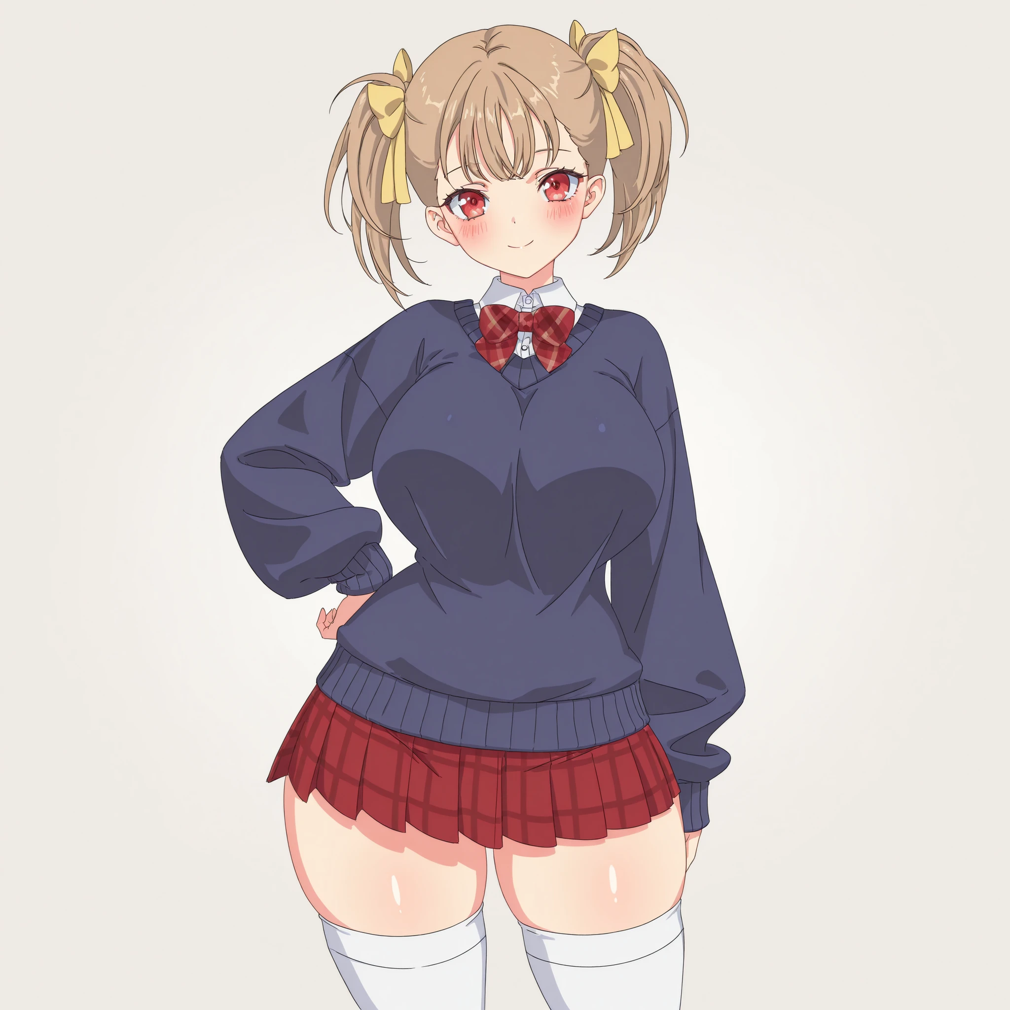 masterpiece, ultra-HD, impressionism, high detail, best quality, very aesthetic, 8K, best quality, beautiful, ultra-high resolution, 32K UHD, sharp focus, 1girl, solo, Rumi, short hair, light brown hair, twin pigtails, middle bangs, straight hair, hair ribbons, yellow ribbons, red eyes, eyelashes, , narrow waist, wide , thick thighs, shapely legs, slim, white buttoned shirt, shirt collar, red plaid bowtie, navy blue sweater, baggy sweater, red plaid pleated skirt, white thigh high socks, blush, smile, cute, hand on , standing, looking at viewer, simple background, front view