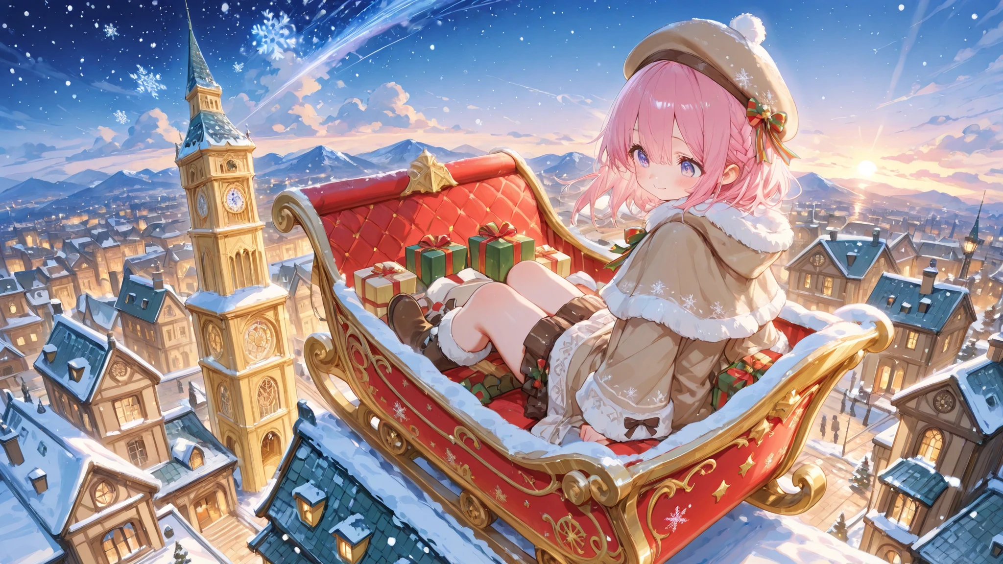 An exquisite promotional illustration for anime games。shows looking down from a high angle,{x} Dressed in a gorgeous red and white Christmas dress and brown cape {x}, focus on a young man sitting on a gorgeous golden sleigh Female characters。She has long pink hair,wearing a brown beret,with a snow-covered roof and a towering bell tower,with a gentle smile,lean forward,The composition of the right hand sticking down。sleigh flying in the night sky,full of gift boxes with various packages。Two Christmas elves。The background is a night view of a European city from a panoramic perspective,, a snow-covered roof and a towering bell tower spire。snowflakes floating in the sky,The light and shadow are warm、Soft、dreamy,extremely rich in detail,with a high artistic quality。