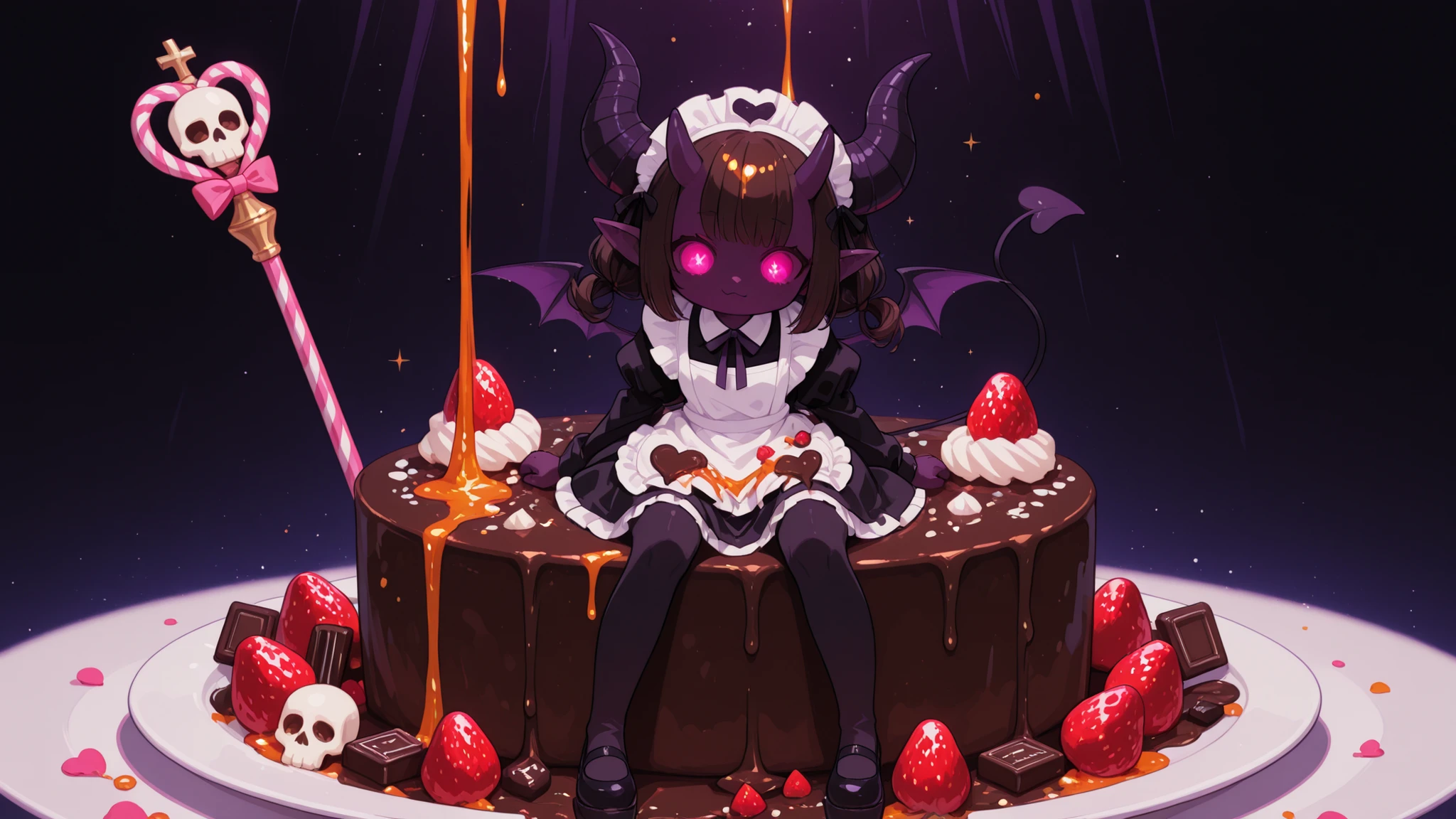Nsfw,Japanese anime style illustration, blending Sweet Lolita with Gothic elements, vibrant colors with fantastical shadows, dynamic composition, a scene full of details and drama, masterpiece
In a lavishly decorated French patisserie, now plunged into a state of sweet chaos, a little demon known as the "Calamity Maid" stands at the center of the pandemonium, a look of innocent yet triumphant mischief on her face.
She appears as a cute human girl with fluffy, strawberry-pink twin-tail curls. But upon closer inspection, you can see a pair of small, smooth, dark-chocolate-like demon horns on her head, and behind her, a small black tail with a heart-shaped tip sways proudly.
She wears a classic black and white maid outfit, adorned with abundant lace and bows, but her skirt and apron are splattered with colorful syrup, cream, and chocolate sauce.
Her grand prank is in full swing: she casually points a magic wand topped with a small skull forward. At her command, all the desserts in the shop have come to life! Cupcakes with tiny wings are dive-bombing the area with frosting bombs; a chocolate lava cake spews out not molten chocolate, but swarms of sticky little chocolate monsters that are gnawing on table legs; several gingerbread men march in formation, wielding candy canes like soldiers.
Flying beside her is her personal pet—a "Gingerbread Imp" with small demon wings and a tail, its eyes glowing red—hugging a giant strawberry and cackling. The entire scene is bursting with dynamic action and a joyful sense of destruction, perfectly showcasing the "sweet terror" of this little demon.