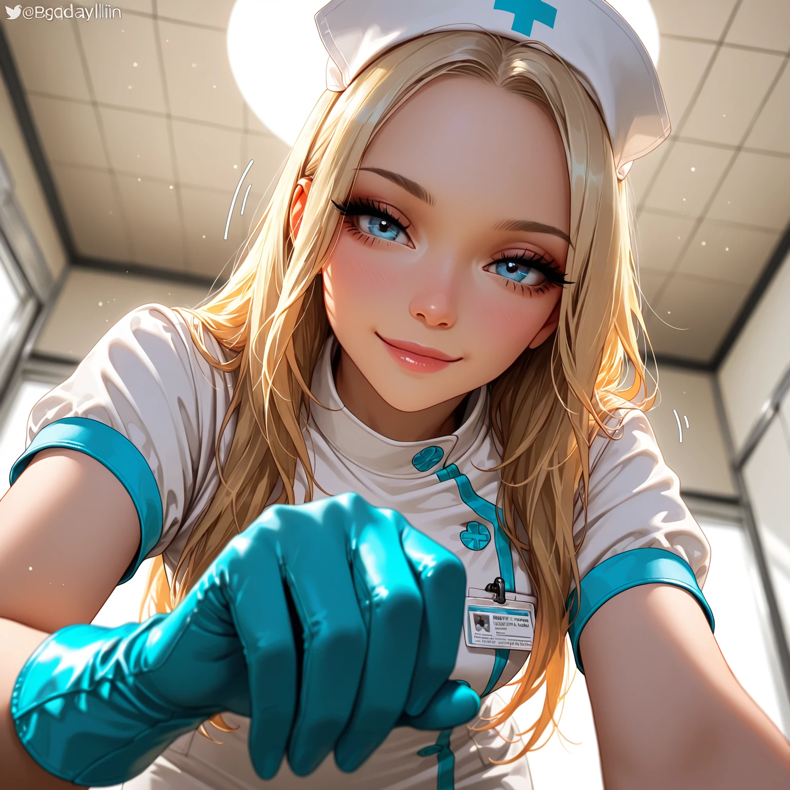 Watercolor effect, mixed media, airbrushed illustration of a sassy nurse woman listening in her stethoscope, mischievous twisted grimace face, intense light blue eyes, long lashes, highlighted rosy cheeks. White dress. Dynamic pose. Caramel blonde hair in two long messy ponytails. Bg is blurry hospital room. By Cyril Rolando, Stanley Artgerm Lau, Greg Rutkowski.