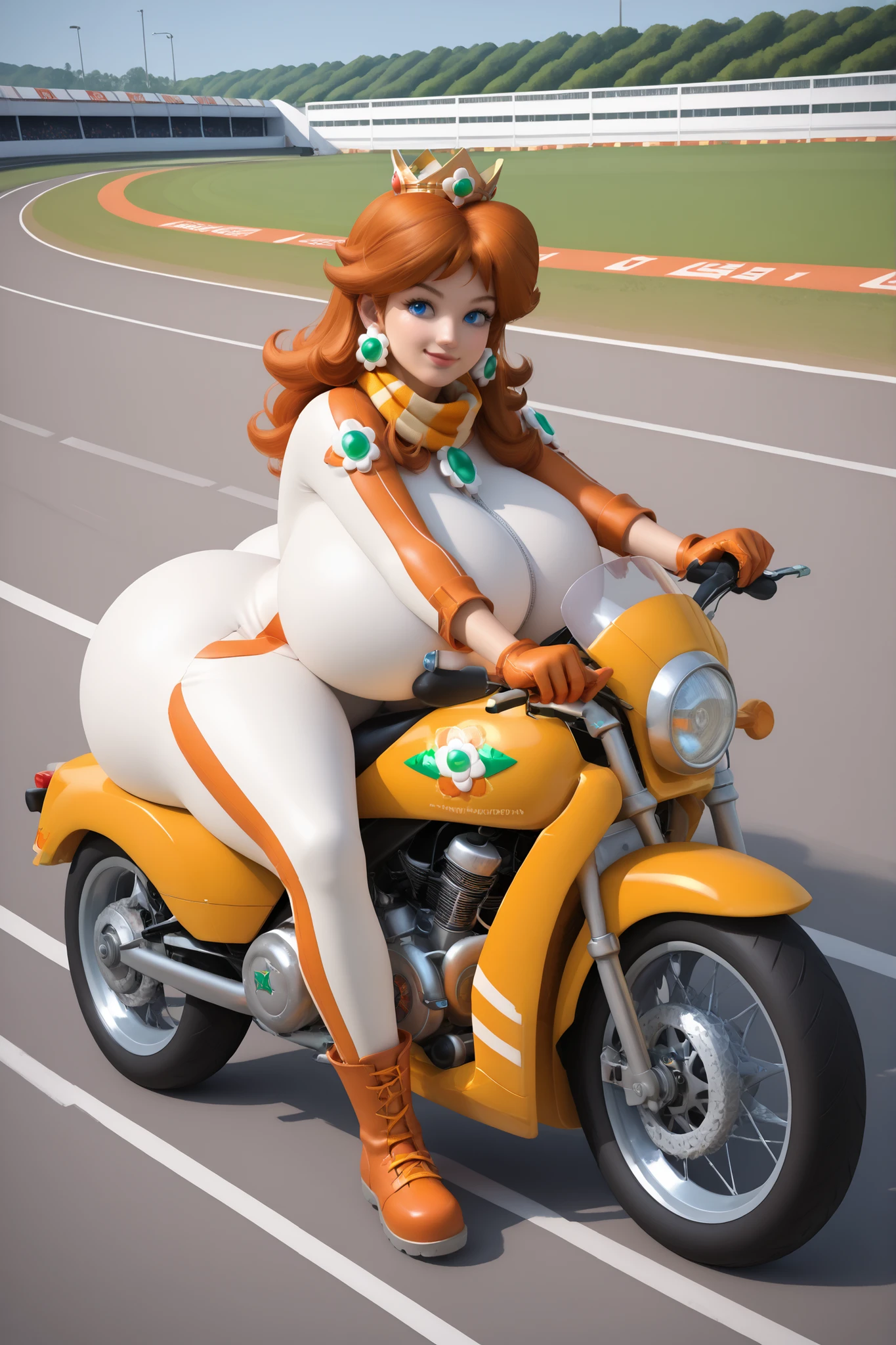 Daisy is wearing her iconic biker outfit while riding a motorcycle. She is wearing a white, skin tight, full body jumpsuit, with an orange belt, orange gloves, orange boots, an orange scarf, and a green gem centerpiece in the shape of a daisy. She has medium orange hair that curls up at the ends, blue eyes, and a crown, riding a motorcycle, from side, racetrack, gigantic breasts, gigantic butt, smile, speed lines, driving extremely fast, sitting on bike seat