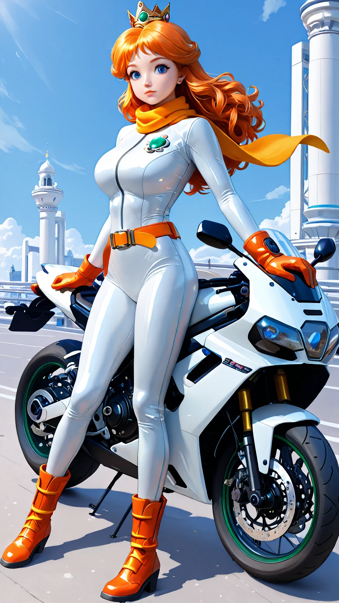 Daisy is wearing her iconic biker outfit while riding a motorcycle. She is wearing a white, skin tight, full body jumpsuit, with an orange belt, orange gloves, orange boots, an orange scarf, and a green gem centerpiece in the shape of a daisy. She has medium orange hair that curls up at the ends, blue eyes, and a crown