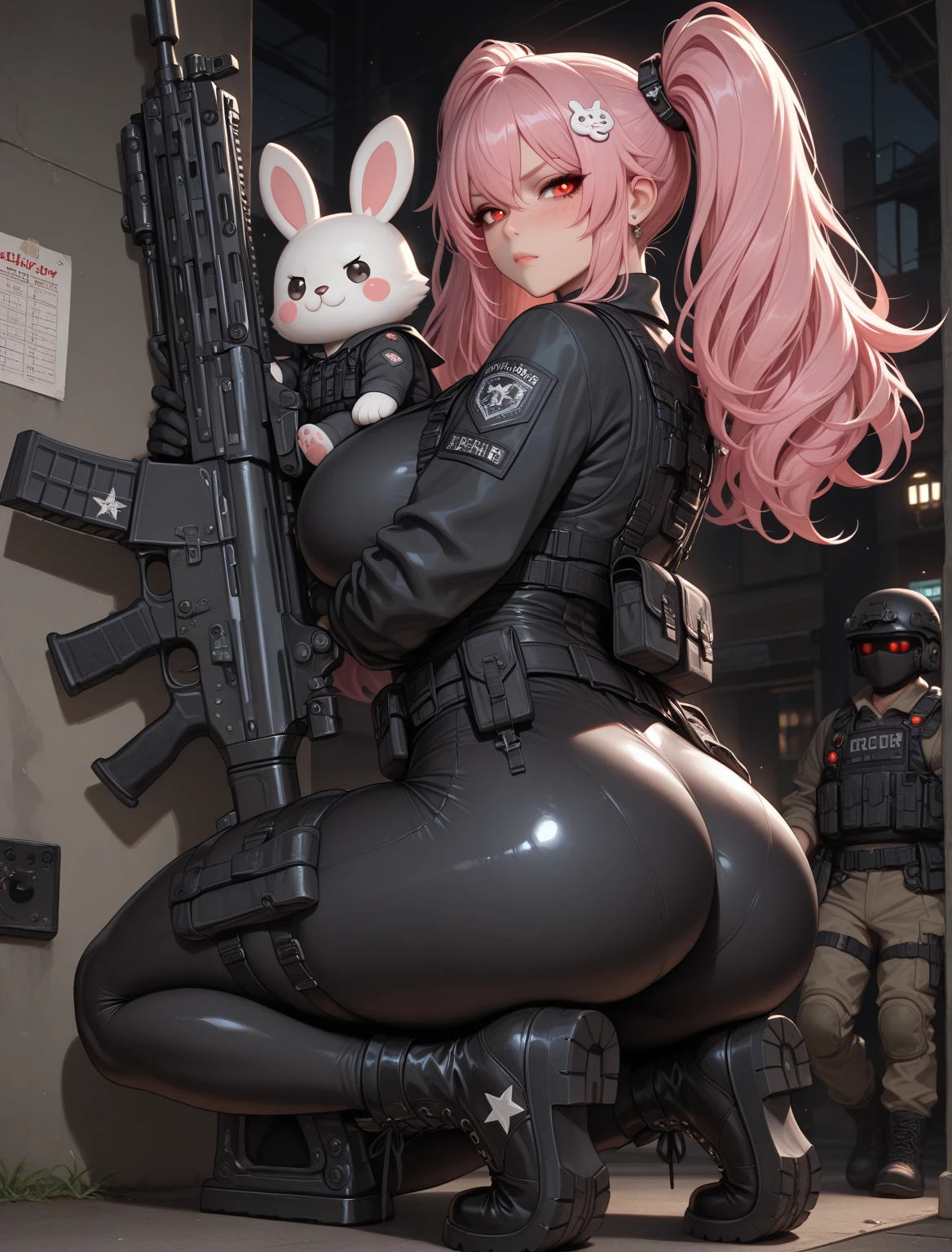 Early in the morning, neat school swimsuit, thick eyebrows, leather backpack, bazooka that sticks out of the backpack, carrying heavy weapons, (dark skin: 1.3), black gloves, brown skin, movie lighting, small ???????, beautiful light pink hair, rabbit ears, (masterpiece), ((highest quality)), (super detailed), glossy skin, full body anime girl, solo, clean and detailed anime face, high resolution anime eyes, five fingers, Textile shading, perfect human structure, perfect ???????,