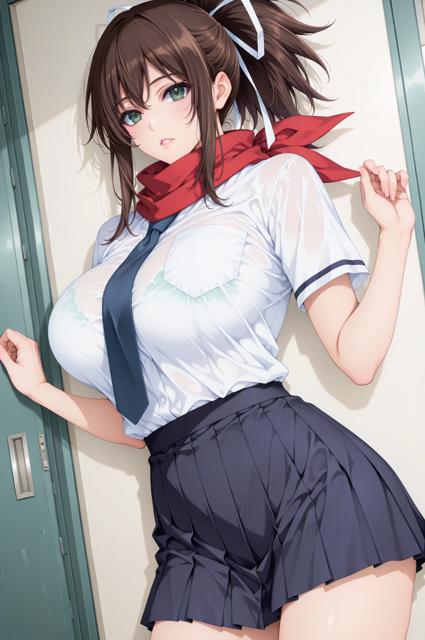 Tazune rirei, , (:1.5), 8k, ultra-detailed, Masterpiece, best quality, aqua eyes, black hair, side ponytail, (()), spread ,  fingers, (:1.2),  peek, pink , street, standing on stairs, 1girl, solo, ((from below)), looking at viewer, white shirt, thigh-high socks, loafers, portrait, bokeh, blush, embarrassed