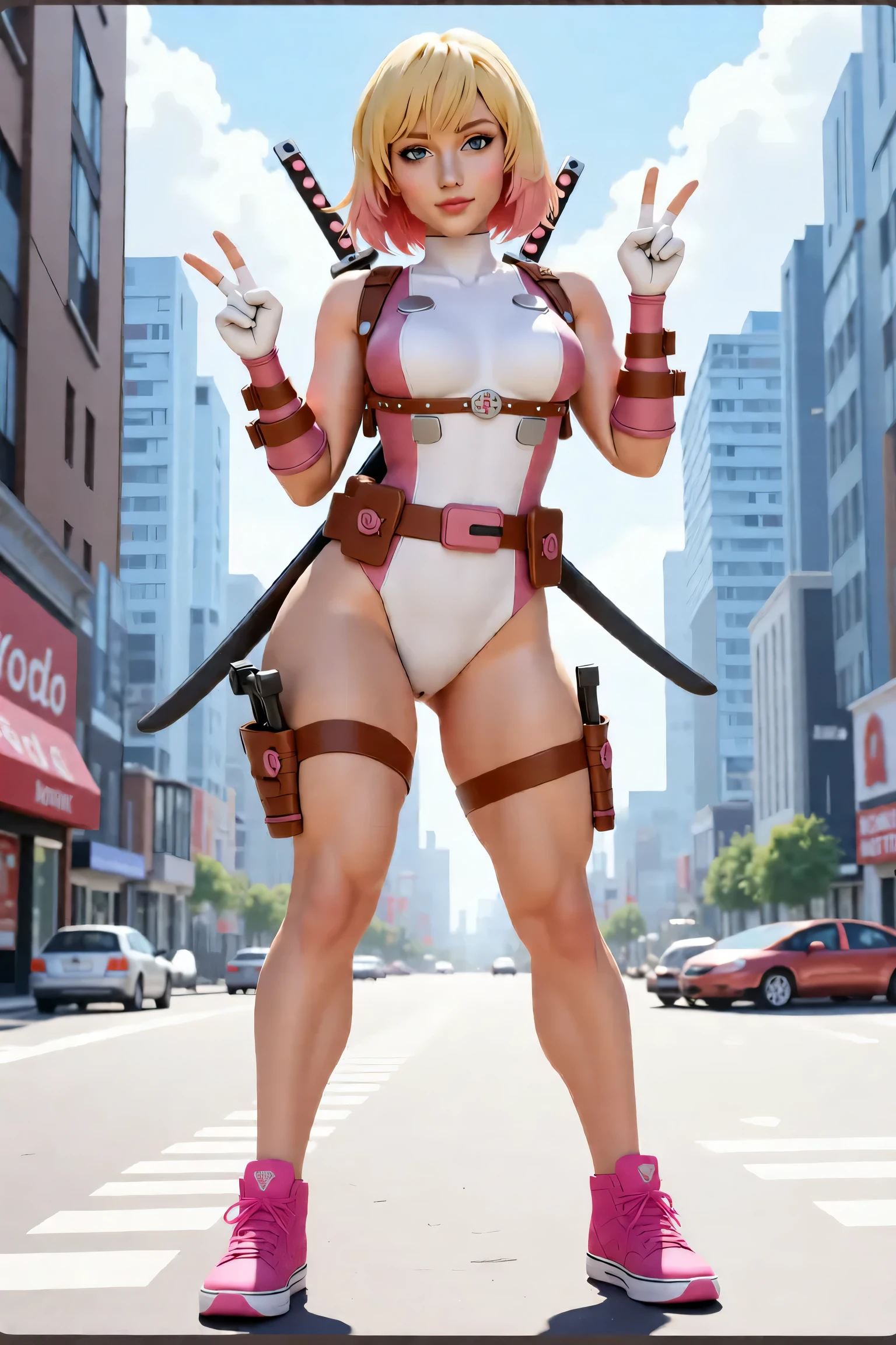 (La mejor calidad,A high resolution,Ultra - detallado,actual),Ariana Grande a doll with long pink hair and a ( pink :1.4) ,( bikini blue:1.4), pantalones plateado, animated barbie doll, blonde chica anime con pelo largo, (Estilo Ross Tran:1.4) , anime estilo 3d, Modelo de cuerpo completo de Anime VTuber, ilya kuvshinov con pelo largo, chica anime con pelo largo pink, figura emergente del desfile, render de una linda chica anime 3d, More detailed 8K.motor irreal:1.4,HD,La mejor calidad:1.4, fotorrealista:1.4, textura de la piel:1.4, obra maestra:1.8,obra maestra, mejor calidad,objeto Objeto], (rasgos faciales detallados:1.3),(Las proporciones correctas),(Ojos hermosos azules),  (pose vaquero), (Japan alley background :1.4), ,( ciberpunk 2.1), (estilo kawaii :1.4), (dedos detailed:1.4), (perfect ) 