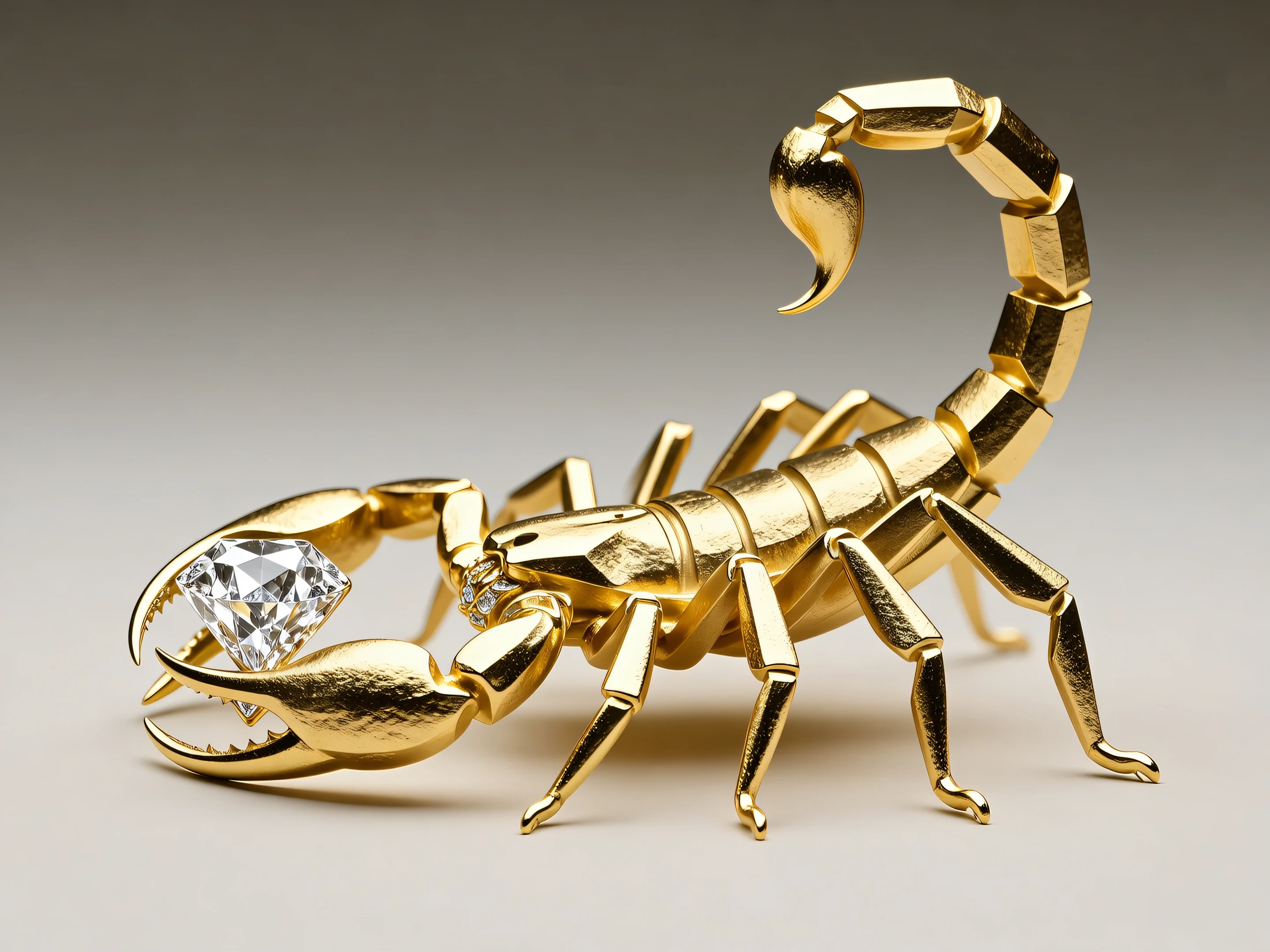 Stylized scorpion sculpture in rough matte gold, profile shot, side shot, clean geometric proportions, high-end jewelry aesthetic, matte surfaces, eight long legs, natural metal texture, long claws wrapped around a diamond, elegant curved tail, simplified but realistic anatomical segments, premium fantasy emblem, centered on plain light or neutral background, studio lighting, ultra sharp, minimal and luxurious.