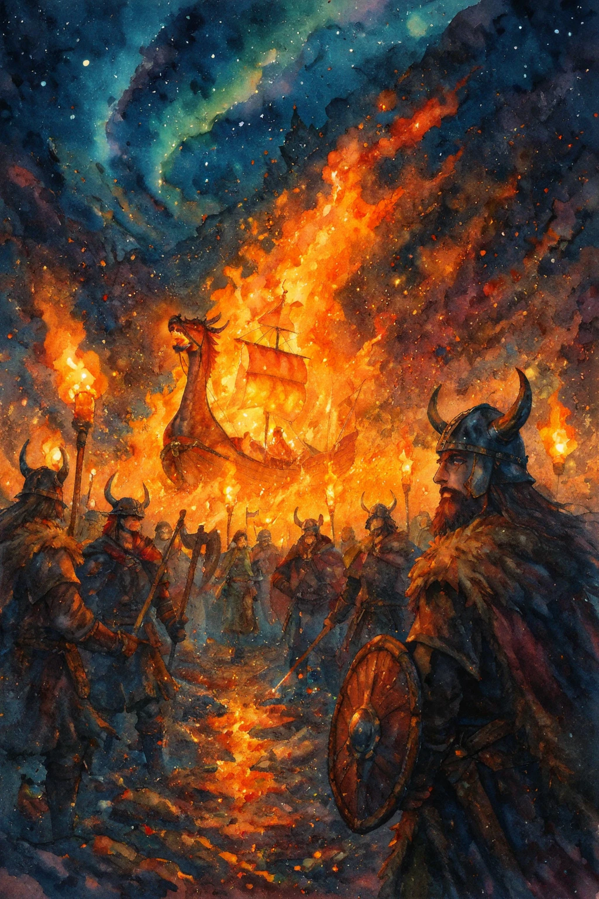 A fantasy-style watercolor illustration of a Viking fire festival at night in the Shetland Islands. A burning Viking longship with a dragon-headed prow blazes at the center, surrounded by torch-bearing Viking warriors in horned helmets and fur cloaks. They hold shields and axes, their faces glowing with pride as they gaze at the flames. The night sky is filled with stars and a vivid aurora borealis in shades of green, blue, and purple. Embers rise into the sky, and the scene is bathed in mystical firelight. The composition is dramatic and atmospheric, blending warm fire tones with cool night hues in a painterly, impressionistic style.
