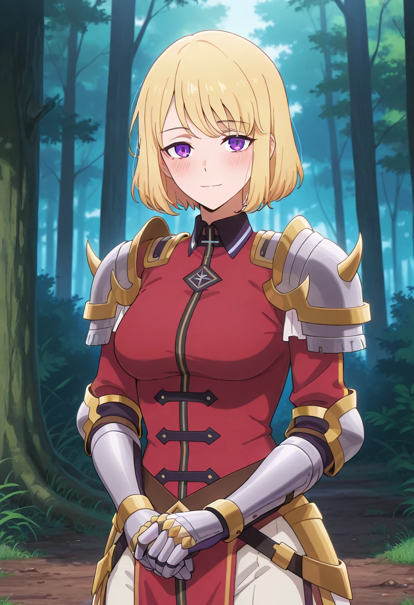 masterpiece, best quality, 1girl, solo dimaria yesta, blue , long sleeves, armor, single gauntlet, gloves, dynamic pose, looking at viewer, forest, field,((cowboy_shot)), ( woman, dominant woman )