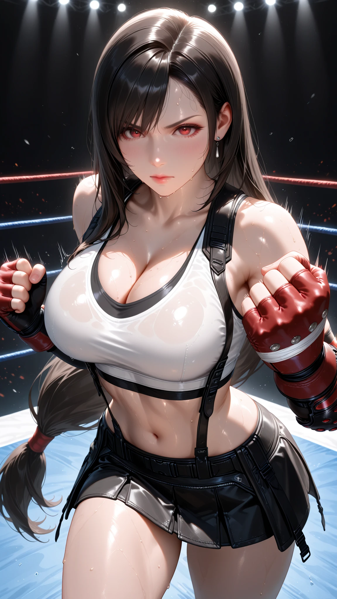 real, 1 famous person, Long hair,   cheongsam，Black tights， blush, Boxing gloves，Cleavage，nipple，Boxing ring，Sexy，Boxing defensive stance