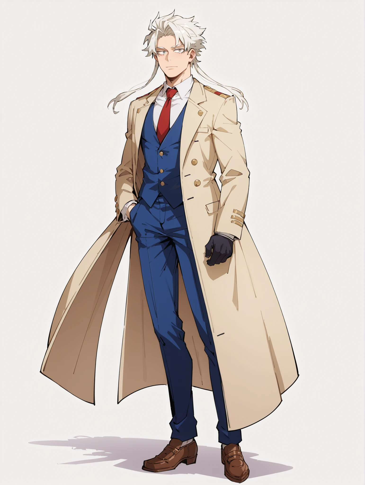 I_no_hero_Academia_style, 1 male, slim build, elegant complexion, piel clara, white hair, cabello albino, hairstyle with loose locks, greyish eyes ,  sharp eyes, confident expression, seductive expression, classic three-piece suit, suits shades of brown and beige, long coat, fitted vest, dark tie, Fine Factions, marked jaw,  straight nose, defined eyebrows, black gloves, dynamic angle, Full body image. 