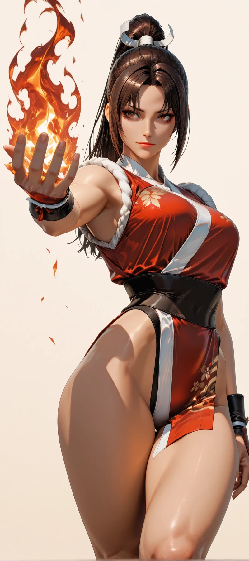 Mai Shiranui, (The King of Fighters), ???? girl, poderosa, traje ???? de artes marciales color rojo, YOUNG, skynny body, small and beautiful ????????, toned abdomen, beautiful ???????, ???????, sensual, esta en el dojo de artes marciales de Japón, dramatic background, riene abanicos en sus manos, esta rodeada de fuego, ella esta dando una patada al aire, ella esta entrenando karate, sensual look, beautiful brown eyes, classic hairstyle,Hair dyed in bright brown color, best quality,4k,8k,A high resolution,masterpiece,ultra detailed,Realistic, Photorealistic,photo realistic