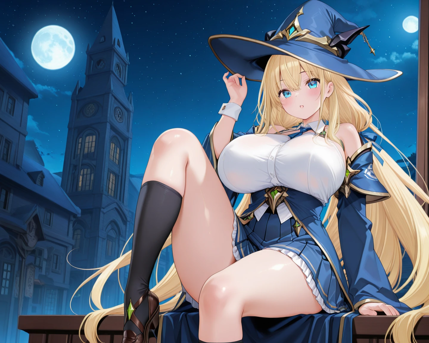 (:1.5), masterpiece, (realistic, photo realistic:1.2), ((highest quality), extremely fine and beautiful, beautiful face details, real human skin, realistic, photorealistic, From below, 1girl, elaina (majo no tabitabi), solo, witch hat, long hair, black headwear, blue eyes, collared shirt, hair between eyes, white shirt, ribbon, yellow ribbon, bangs, upper teeth only, teeth, neck ribbon, bow, witch, , blush, anime coloring, hood, yellow bow, jewelry, floating hair, yellow bowtie, shiny hair, bowtie, black robe, wing collar, open robe, purple eyes, dress shirt, Tiny breasts, Cowboy Shot, ( with multiple men:1.3), , Lying down, Exposing breasts, Cute face, Expressionless, Outdoor, crowd of boys