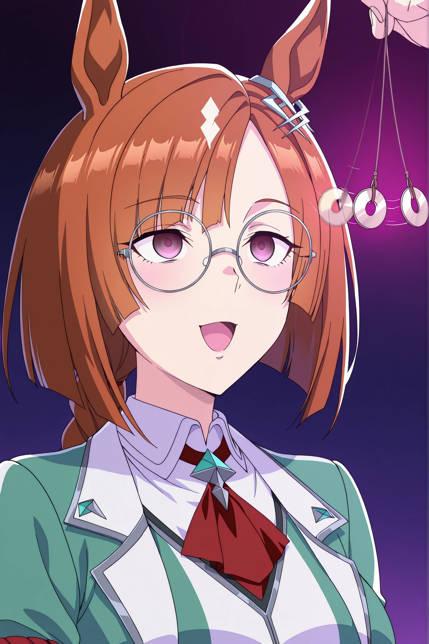 masterpiece, best quality, very aesthetic, absurdres, 1girl, sole_female, empty_eyes, happy_trance, 1girl,solo,Ikuno Dictus\(umamusume\)mature female,anime screencap,round eyewear, hypnosis, upper_body, holding_pendulum, mind_control, open_mouth