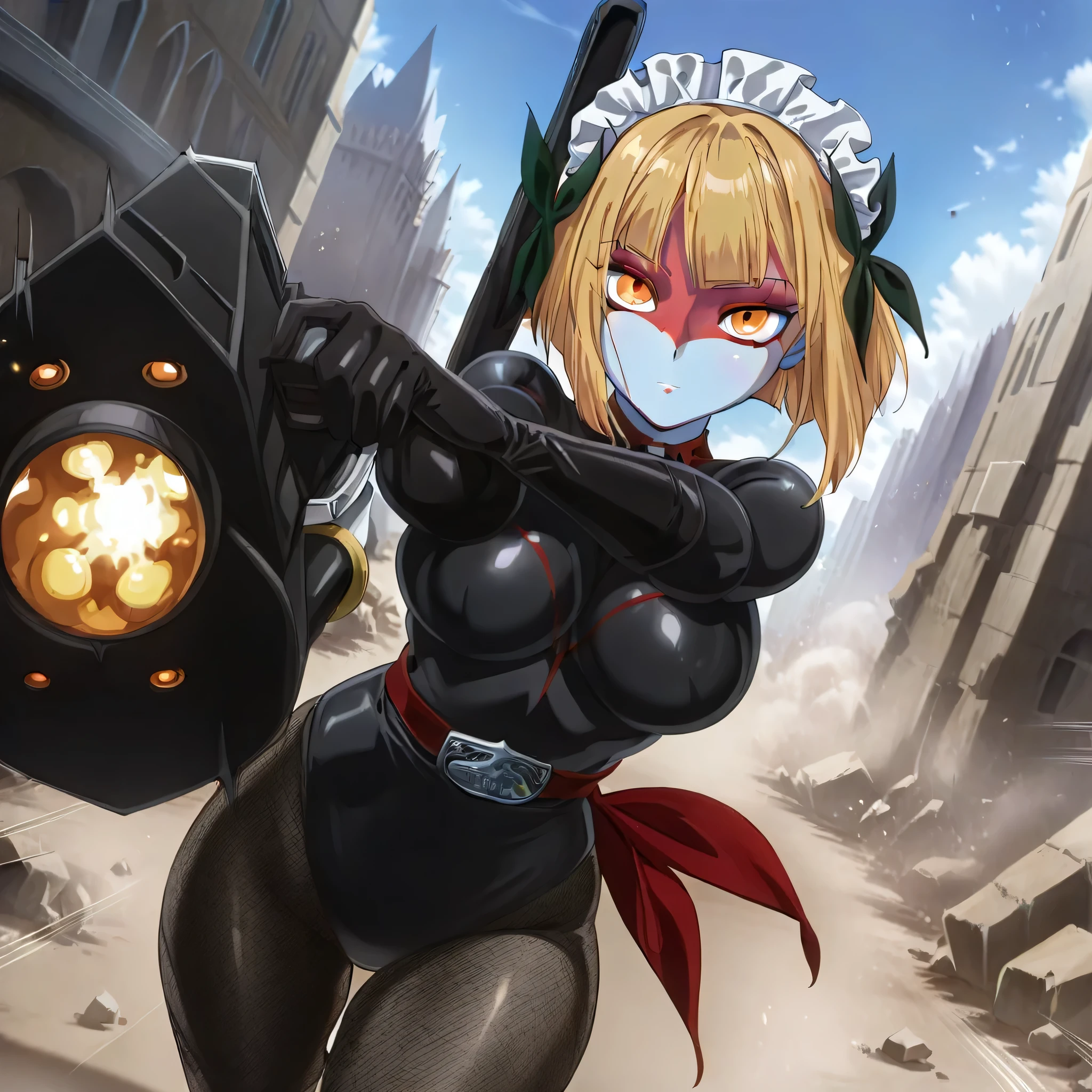 (((Masterpiece))), (((Best Quality))), ((Super Detail)), ultra-High resolution, score_9,score_8_up,score_7_up,score_6_up,score_5_up,score_4_up, BREAK, source_anime, anime screencap, uncensored, Masterpiece, (best shadow), (absurdres), (detailed background), (very aesthetic), detailed beautiful eyes, outstanding, an exquisite animation illustration, curvy, highres, shiny clothing, dark persona, empty eyes, blank eyes, shocker, black leotard, latex elbow gloves, brown fishnet pantyhose, red sash, makeup, blue skin, colored skin, red skin, (((solo, 1girl))), hair ornament, pose, submissive pose, anime style, anime coloring, animification, megami magazine, pose, dynamic angle, cinematic angle, dutch angle, dynamic composition, medium , libra yasei no last boss, short hair, bob cut, orange eyes, blonde hair, blunt bangs, dolls joints, maid headdress, hair bow, expressionless, emotionless, arm sword, futuristic sword, arm gun, futusristic gun, cannon on shoulder, futuristic cannon, city, medieval, fantasy, debris, rubble, battlefield, explosion, fighting, fighting stance, dynamic pose, action pose, running, incoming attack, speed line, motion line, foreshortening, attacking, speed lines, motion lines, wind, windy