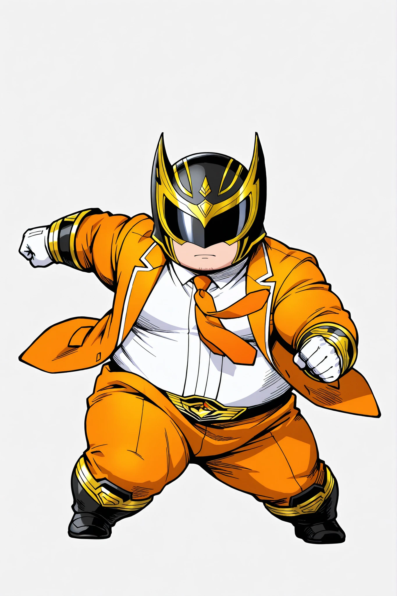 bdchibi,full body,Chibi, three-headed, fat, obese, solo, orange male Sentai hero, wearing an orange tie, dynamic pose, special effects style, orange suit with gold accents, black visor helmet, heroic expressionless mask, muscular but stylized body, action pose, hand-drawn anime illustration, sketchy line art, bright hatching, dramatic shading, vibrant colors, clean white background