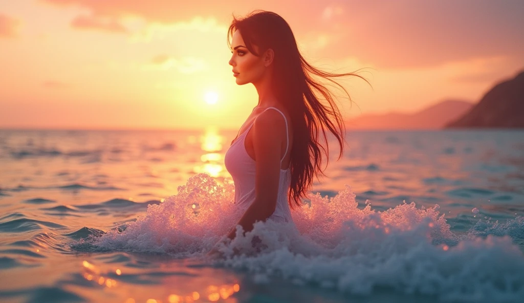 Hochwertig, 8K Ultra HD, eine wunderschöne double exposure, that combines a goddess silhouette with a sunset coast. The sunset coast should serve as the underlying backdrop, where their details flow into the goddess. sharp lines, the background is monochrome, sharp focus, double exposure, By Yukisakura, stunning full colors. A girl is lying on it. It is sporty, has nice curves and is 1,70 meters tall. She has brown, lange Haare. She is completely . It has natural, tight and a natural , that already sticks out a bit backwards. You can see her from the side and from the front. She is Latina. She has light curls.