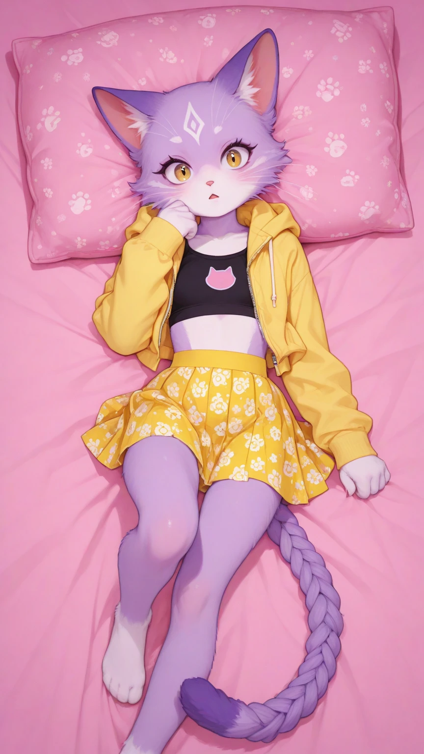 male anthro furry, teenage boy, femboy, serval, lavender colored skirt, white thigh high socks, white long-sleeve crop top, cute pose, smiling, light purple hair with black spots, laying on stomach,  in the air facing towards camera