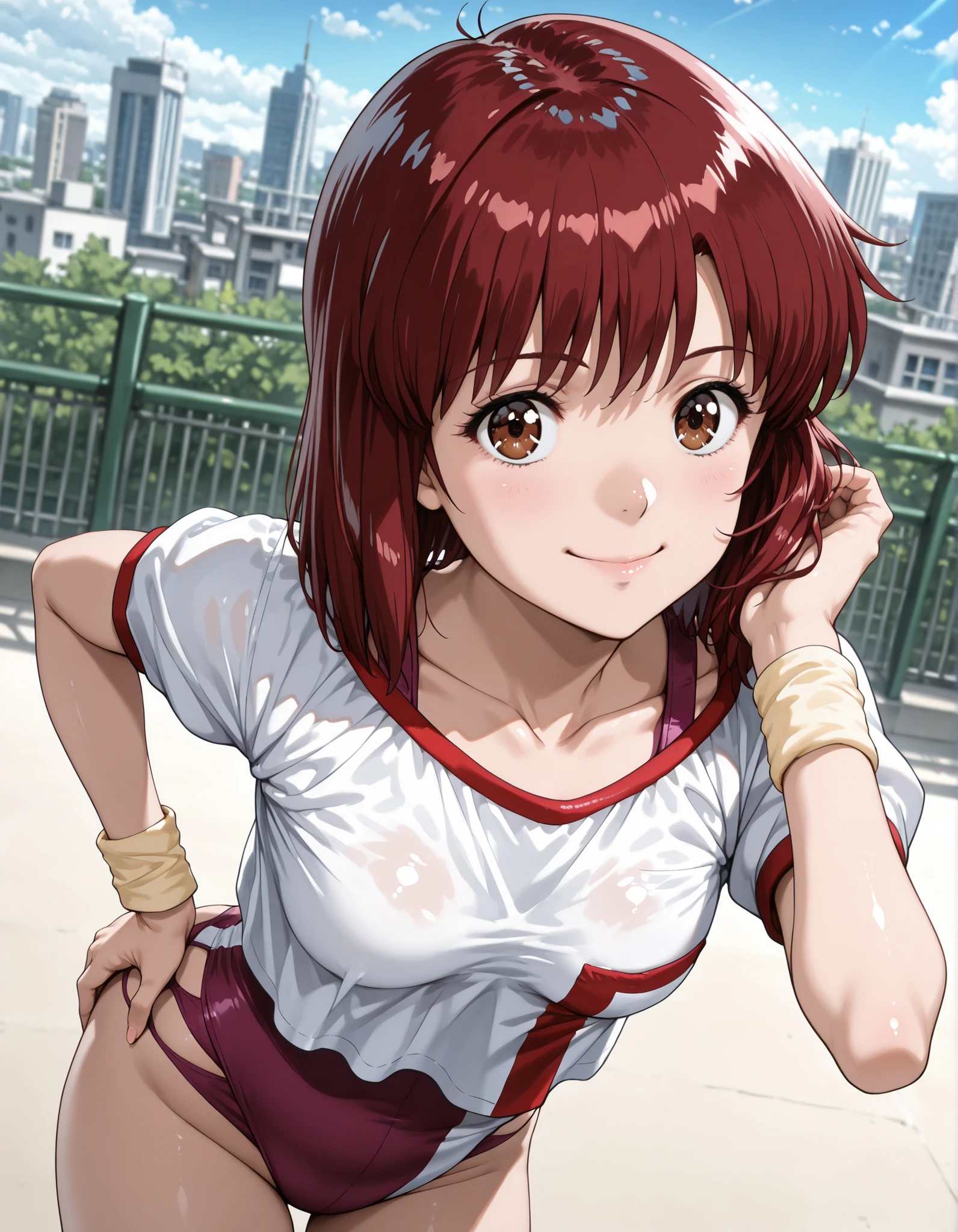 1girl, solo, looking at viewer, blurry background, cowboy shot, small chest,((takaya noriko, top wo nerae, red hair, short hair, brown eyes ,medium breasts, small breasts, pink leotard,gym uniform,white shirt,collarbone,wristband,leotard under clothes)), outdoors, cityscape, background, smile, solo, dutch angle, looking at viewer, cowboy shot, (hand on hip:1.2)((from side)), ((leaning forward)), looking back, (from behind:0.7), 