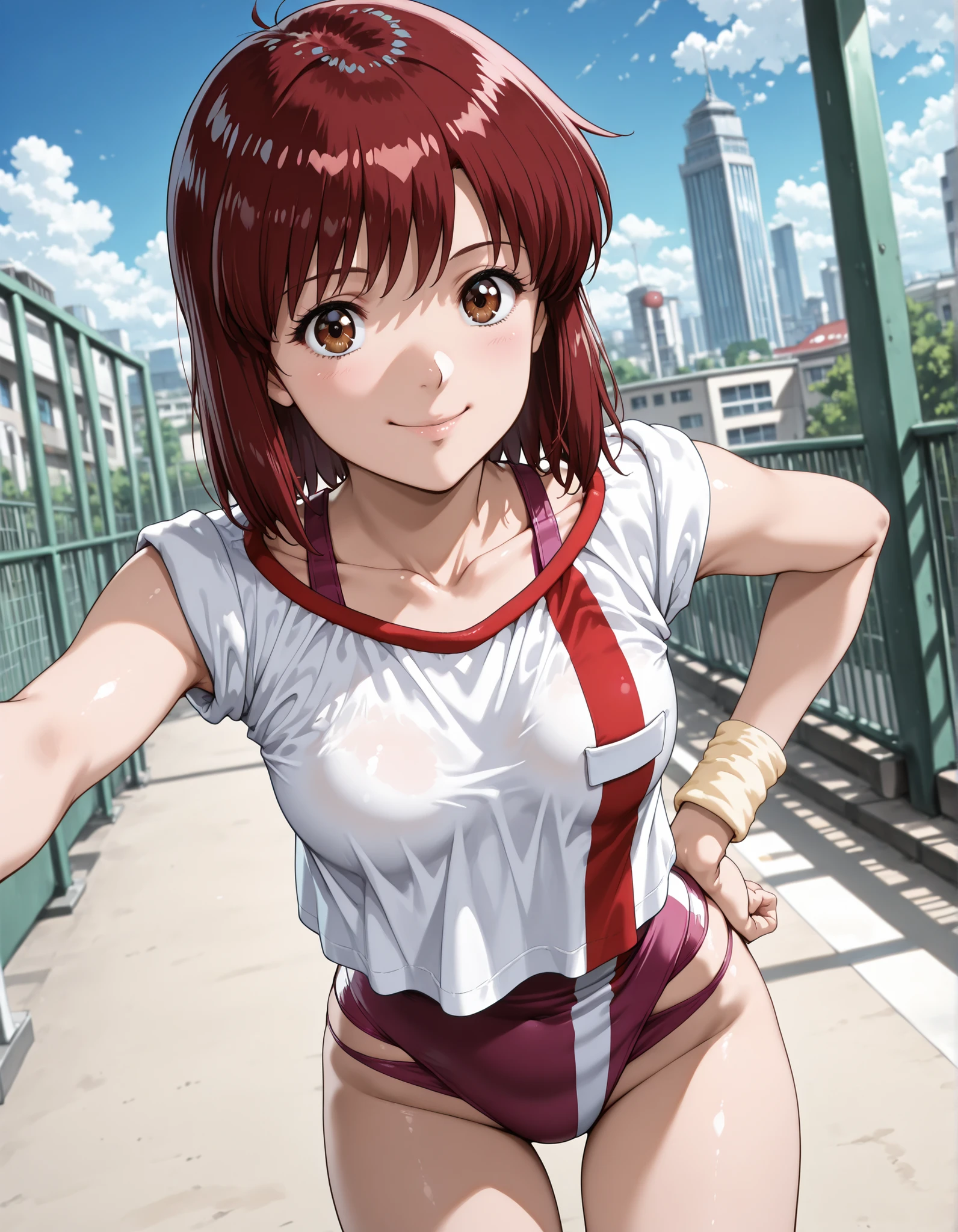 1girl, solo, looking at viewer, blurry background, cowboy shot, small chest,((takaya noriko, top wo nerae, red hair, short hair, brown eyes ,medium breasts, small breasts, pink leotard,gym uniform,white shirt,collarbone,wristband,leotard under clothes)), outdoors, cityscape, background, smile, solo, dutch angle, looking at viewer, cowboy shot, (hand on hip:1.2)((from side)), ((leaning forward)), looking back, (from behind:0.7), 