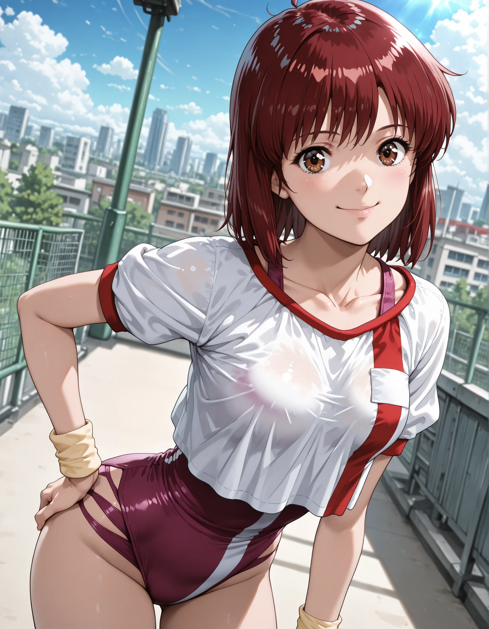 1girl, solo, looking at viewer, blurry background, cowboy shot, small chest,((takaya noriko, top wo nerae, red hair, short hair, brown eyes ,medium breasts, small breasts, pink leotard,gym uniform,white shirt,collarbone,wristband,leotard under clothes)), outdoors, cityscape, background, smile, solo, dutch angle, looking at viewer, cowboy shot, (hand on hip:1.2)((from side)), ((leaning forward)), looking back, (from behind:0.7),