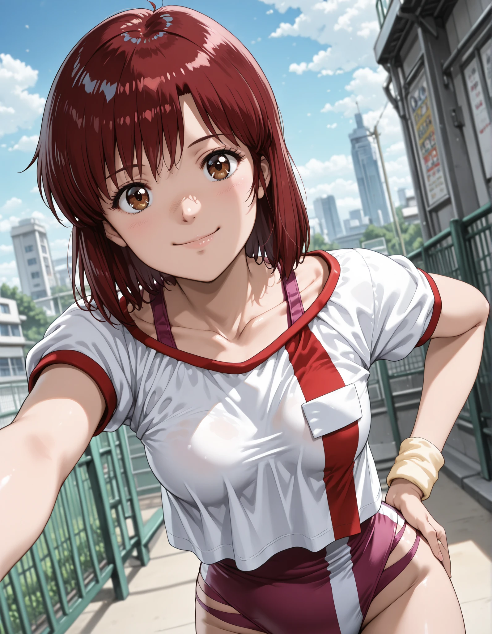 upper body, from below,1girl, solo, looking at viewer, blurry background, cowboy shot, small chest,((takaya noriko, top wo nerae, red hair, short hair, brown eyes ,medium breasts, small breasts, pink leotard,gym uniform,white shirt,collarbone,wristband,leotard under clothes)), outdoors, cityscape, background, smile, solo, dutch angle, looking at viewer, cowboy shot, (hand on hip:1.2)((from side)), ((leaning forward)), looking back, (from behind:0.7),