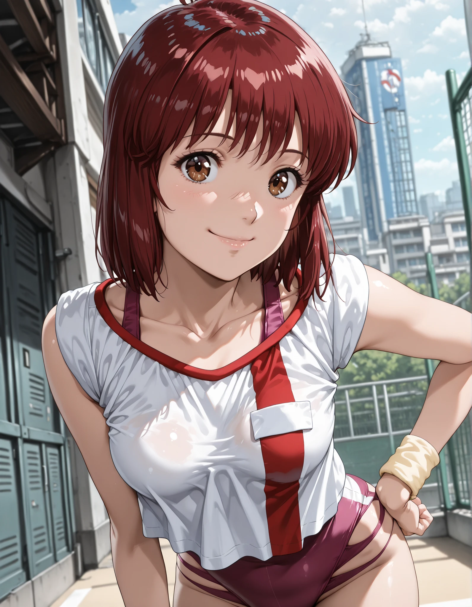 upper body, from below,1girl, solo, looking at viewer, blurry background, cowboy shot, small chest,((takaya noriko, top wo nerae, red hair, short hair, brown eyes ,medium breasts, small breasts, pink leotard,gym uniform,white shirt,collarbone,wristband,leotard under clothes)), outdoors, cityscape, background, smile, solo, dutch angle, looking at viewer, cowboy shot, (hand on hip:1.2)((from side)), ((leaning forward)), looking back, (from behind:0.7),
