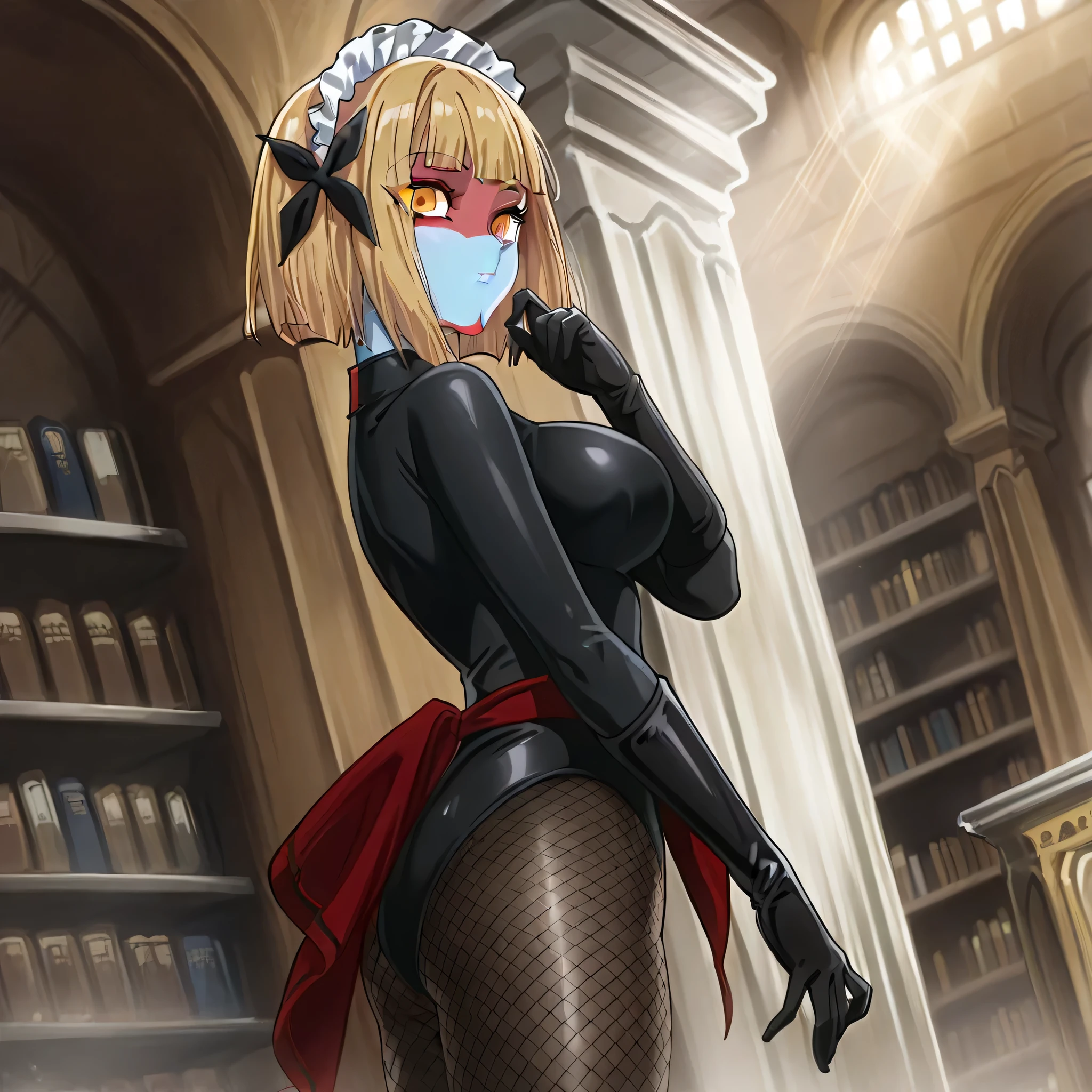 (((Masterpiece))), (((Best Quality))), ((Super Detail)), ultra-High resolution, score_9,score_8_up,score_7_up,score_6_up,score_5_up,score_4_up, BREAK, source_anime, anime screencap, uncensored, Masterpiece, (best shadow), (absurdres), (detailed background), (very aesthetic), detailed beautiful eyes, outstanding, an exquisite animation illustration, curvy, highres, shiny clothing, dark persona, empty eyes, blank eyes, shocker, black leotard, latex elbow gloves, brown fishnet pantyhose, red sash, makeup, blue skin, colored skin, red skin, (((solo, 1girl))), hair ornament, pose, submissive pose, anime style, anime coloring, animification, megami magazine, pose, dynamic angle, cinematic angle, dutch angle, dynamic composition, medium , libra yasei no last boss, short hair, bob cut, orange eyes, blonde hair, blunt bangs, dolls joints, maid headdress, hair bow, expressionless, emotionless, indoors, library, bookshelf_background, looking from side, view from side, side , from_side, hand_on_chin, serious, narrowed_eyes, calm, soft_light, dappled light, sunbeam