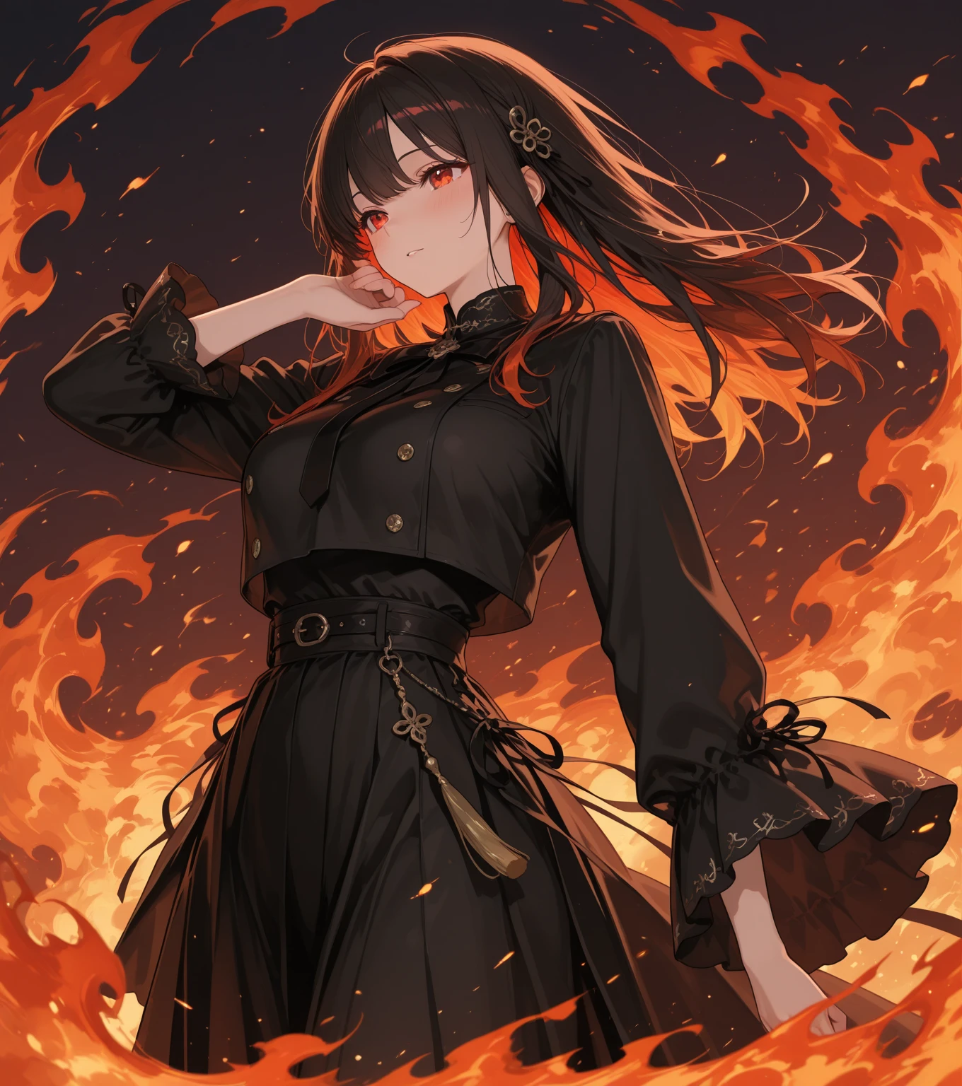 absurdres, 8k, 4k, masterpiece, hyper extreme detailed:1.2), solo, 1girl, front view, perfect face, 1girl, portrait, expressive eyes, looking at viewer, solo, green eyes, standing, mature female, , pale, long black hair, groan, casual wear, adult, looking forward, front view, black horns, confident, cautious, rational, messy hair, wind, windy, moving hair, moving clothes, swept bangs, front view, unyielding, mature body, tomboy, dragon tail, adult, black nails, wild hair, velvet crowe, scars, fatigue, Black Demonic Horns, Dragon Horns, Dragon Tail, fire, long skirt, hands in pockets, white shirt black letters,  shoulder, shoulder strap, suspenders, velvet crowe, velvet-outfit, red hair gradients, village background, fiery, flames, burning,

