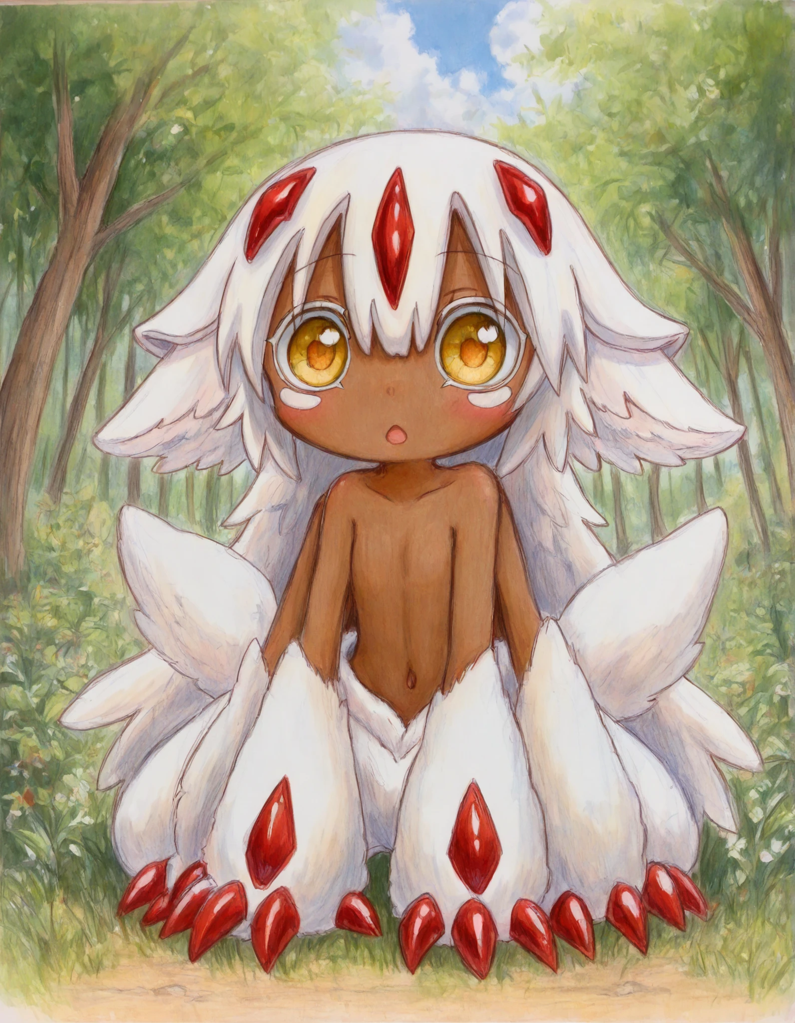 momoiro-melon_style, hand-drawn, traditional art, analog style,, (masterpiece, best quality, high quality, good quality:1.2), solo, 1girl, faputa,, faputa (made in abyss), flat chest tuft of fur, kemonomimi, white fur, dark skin, four arms, red claws, yellow eyes, outdoors, safe, 