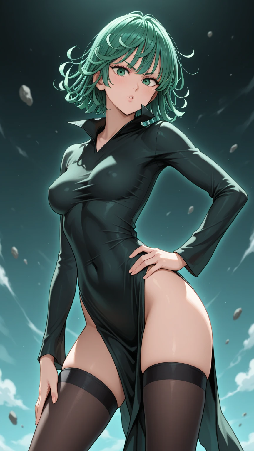 (masterpiece, best quality:1.2), cowboy shot, solo, 1girl, tatsumaki, , closed mouth, looking at the viewer, ,  on the dress, ass, wide hips, black dress, blue sky, clouds, 