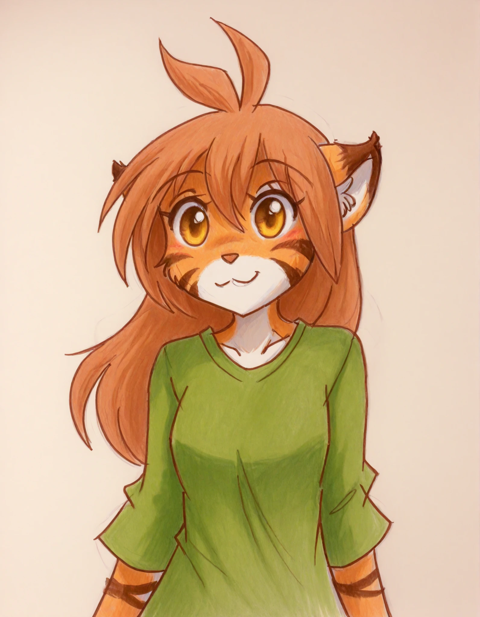 momoiro-melon_style, hand-drawn, traditional art, analog style,, furry, solo, flora-twokinds, flora_twokinds,, tiger, striped fur, keidran, yellow eyes, anthro, simple background,,, green shirt