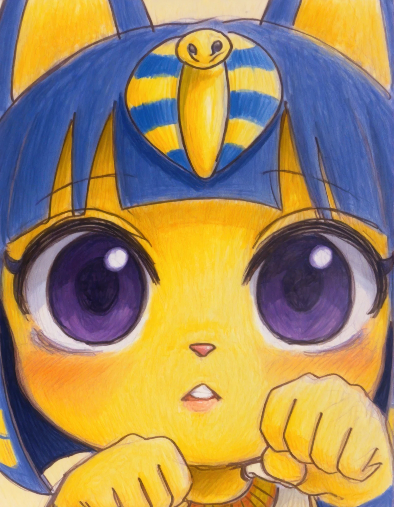 momoiro-melon_style, hand-drawn, traditional art, analog style,, depth of field, 1girl, furry, ankha \(animal crossing\), expressionless, eye reflection, yellow background, yellow theme, blue background, desert,, purple eyes, glowing eyes, wide-eyed, paw pose, looking at viewer, close-up, parted lips,