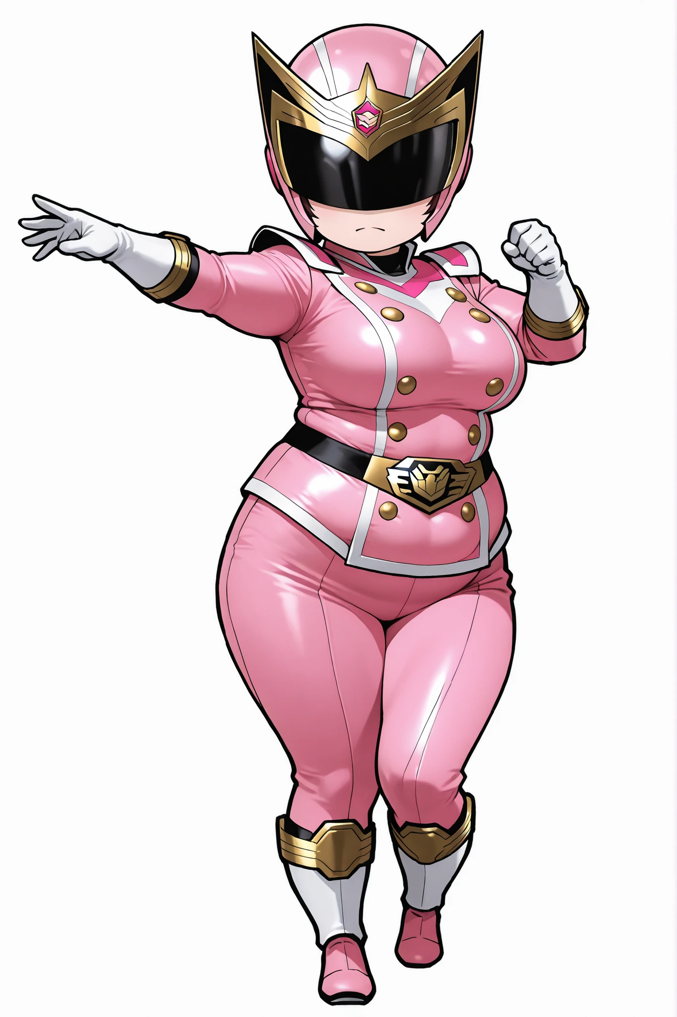 bdchibi,full body,Chibi, three-dimensional, pink female Sentai hero, plump, large breasts, obese, large-breasted, chubby figure, agile fighting pose, special effects-style pink suit with gold details, black visor helmet, graceful and slim physique, one arm outstretched, sense of dynamic movement, hand-drawn anime illustration, textured sketch lines, soft shading, clean white background