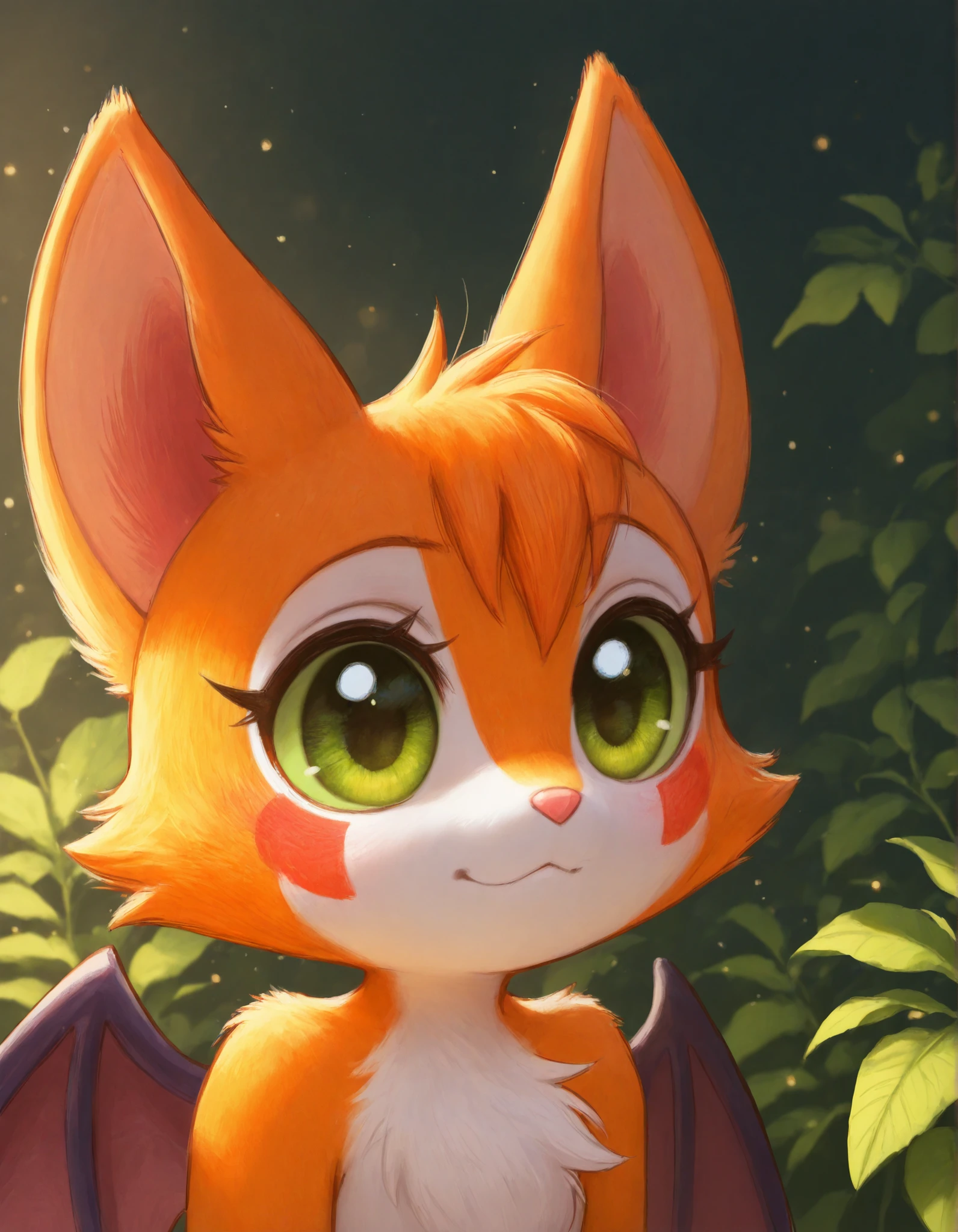 momoiro-melon_style, hand-drawn, traditional art, analog style,, masterpiece, best quality, very aesthetic, (1girl:0.7),, (solo:1.3), furry, fidget \(elysian tail\), nimbat, fidget_daet, anthro, furry female, wings, tail, green eyes, colored sclera, bat wings, facial markings, orange fur, white fur, two-tone fur,membranous wings, fluffy, portrait, big eyes, young, BREAK, masterpiece, best quality, high quality, particles effect, [:by Desubox:0.15], [:by Anchee, by Snowskau:0.55], detailed background, detailed foreground, subtle shadows, depth of field, backlighting, plant, nude
