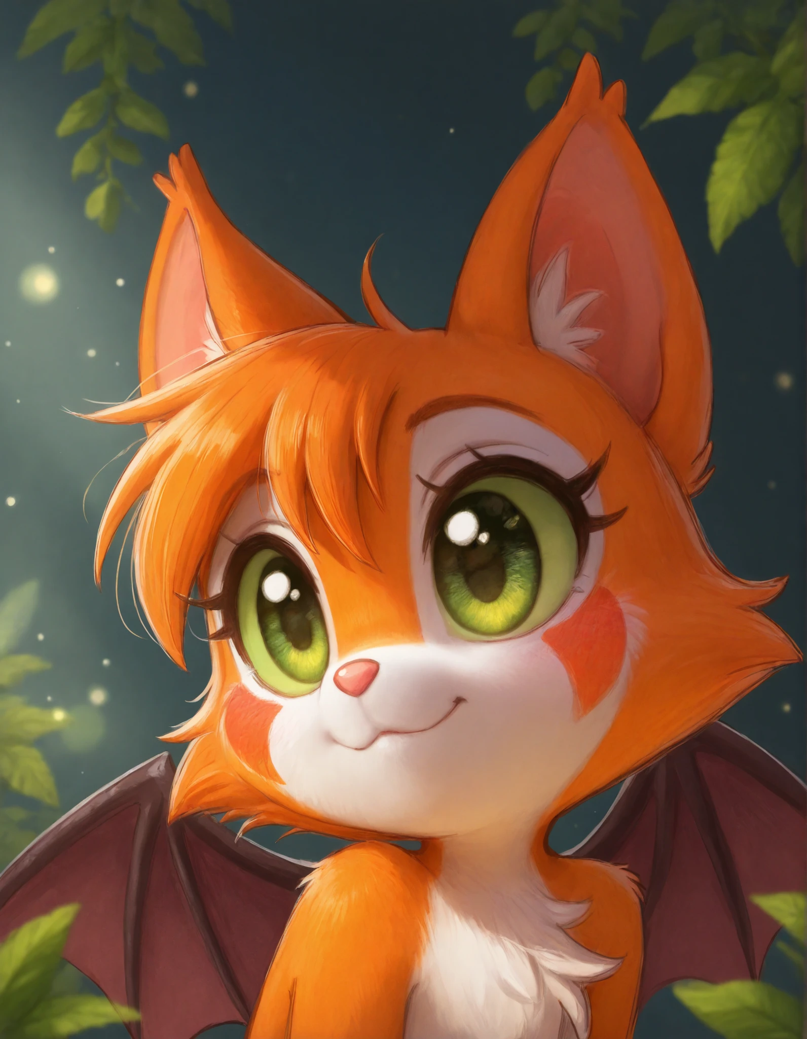 momoiro-melon_style, hand-drawn, traditional art, analog style,, masterpiece, best quality, very aesthetic, (1girl:0.7),, (solo:1.3), furry, fidget \(elysian tail\), nimbat, fidget_daet, anthro, furry female, wings, tail, green eyes, colored sclera, bat wings, facial markings, orange fur, white fur, two-tone fur,membranous wings, fluffy, portrait, big eyes, young, BREAK, masterpiece, best quality, high quality, particles effect, [:by Desubox:0.15], [:by Anchee, by Snowskau:0.55], detailed background, detailed foreground, subtle shadows, depth of field, backlighting, plant, nude