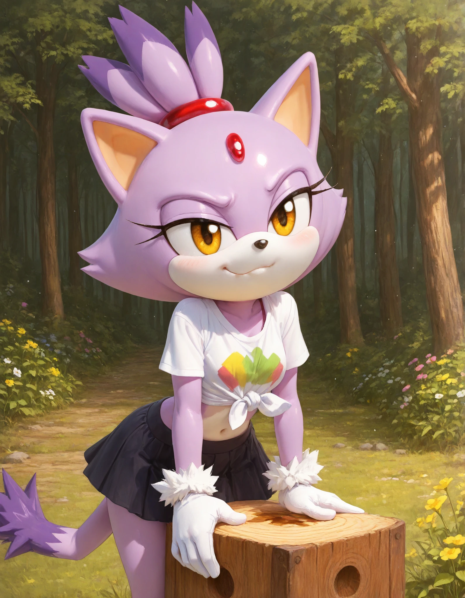 momoiro-melon_style, hand-drawn, traditional art, analog style,, solo, 1girl, blaze the cat, furry, shiny skin, short stack, white gloves, black miniskirt, midriff, red checkered knotted top, tied shirt, BREAK smile, smug, BREAK night, forest background, (mountains:1.1), flower, wood chopping block, cowboy shot, BREAK masterpiece, amazing quality, best quality, very aesthetic, newest, absurdres, cinematic lighting, ambient occlusion, raytracing, colorglow, light shafts, light particles