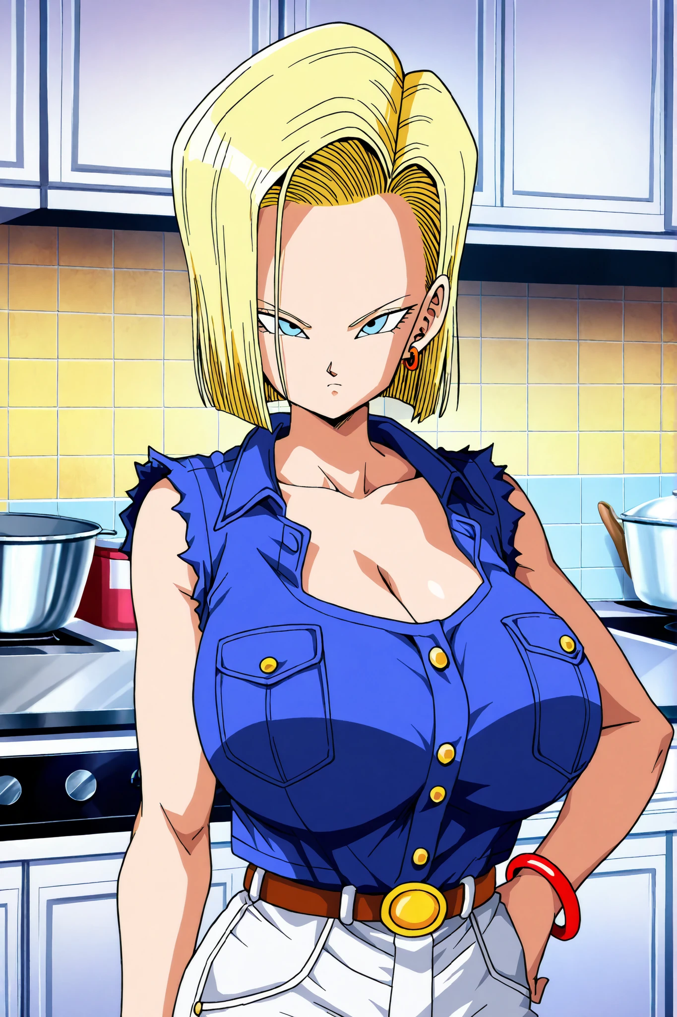 detailed background, ultra-detailed, 4k, 8k, best quality, masterpiece, anime screencap, high quality, official style,
android 18 , 1girl, blue eyes, extremely short hair, , upper body focus, frown, (huge breasts:1.3), very thin body, denim shirt, red bangle, white jeans, red earrings, sleeveless shirt, shirt buttons, shirt pockets,perfect anatomy,kitchen,